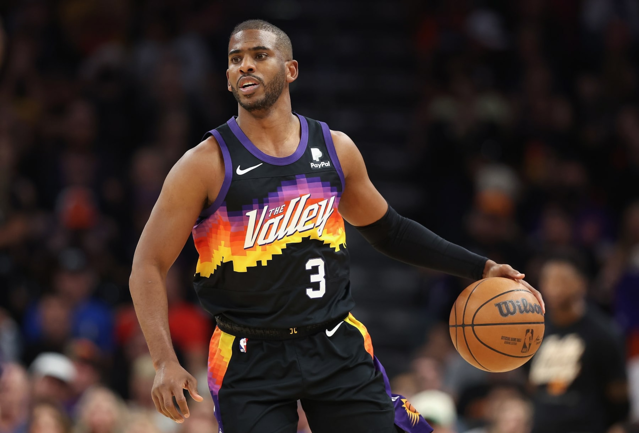 PHOENIX, ARIZONA - MAY 15: Chris Paul #3 of the Phoenix Suns handles the ball during the first half of Game Seven of the Western Conference Second Round NBA Playoffs at Footprint Center on May 15, 2022 in Phoenix, Arizona.  NOTE TO USER: User expressly acknowledges and agrees that, by downloading and or using this photograph, User is consenting to the terms and conditions of the Getty Images License Agreement. (Photo by Christian Petersen/Getty Images)