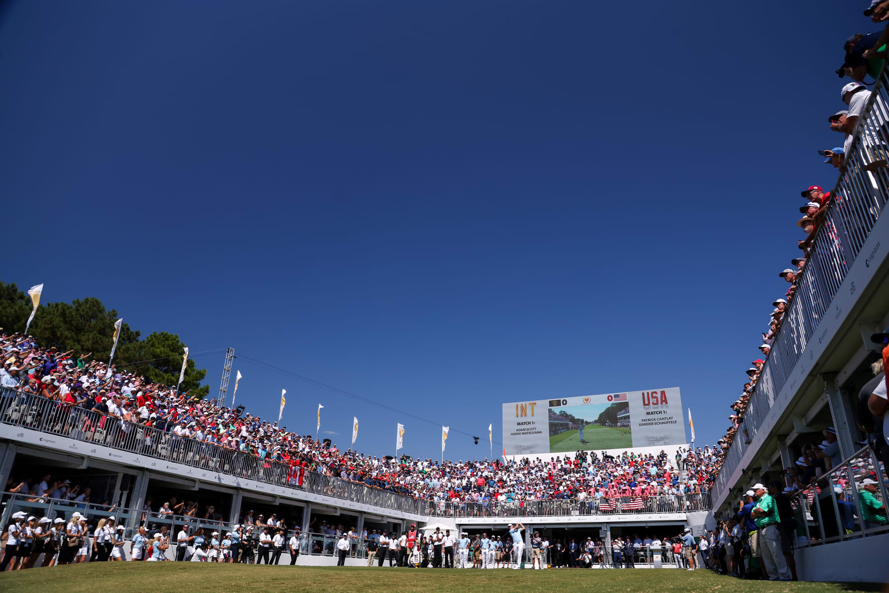 CHARLOTTE, NORTH CAROLINA - SEPTEMBER 22: A general view is seen as Patrick Cantlay of the United States Team plays his shot from the first tee during the Thursday foursome matches on day one of the 2022 Presidents Cup at Quail Hollow Country Club on September 22, 2022 in Charlotte, North Carolina. (Photo by Warren Little/Getty Images)