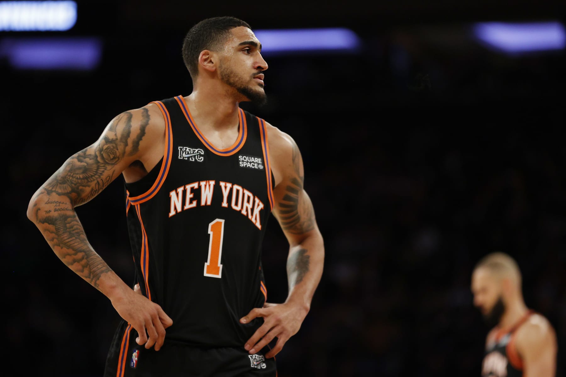 NEW YORK, NEW YORK - APRIL 06: Obi Toppin #1 of the New York Knicks looks on during the second half against the Brooklyn Nets at Madison Square Garden on April 06, 2022 in New York City. The Nets won 110-98. NOTE TO USER: User expressly acknowledges and agrees that, by downloading and or using this photograph, User is consenting to the terms and conditions of the Getty Images License Agreement.  (Photo by Sarah Stier/Getty Images)