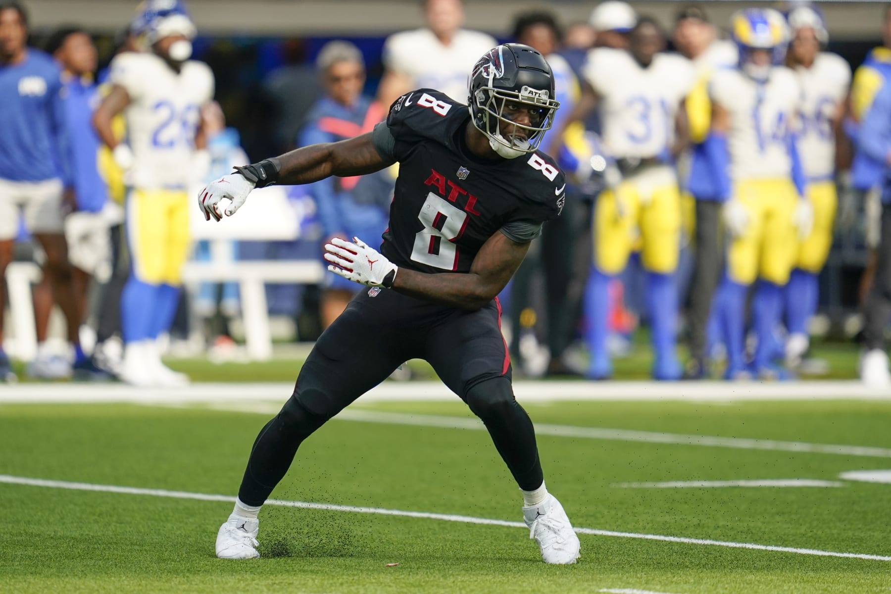 Atlanta Falcons tight end Kyle Pitts in action during the second half of an NFL football game against the Los Angeles Rams, Sunday, Sept. 18, 2022, in Inglewood, Calif. (AP Photo/Ashley Landis)