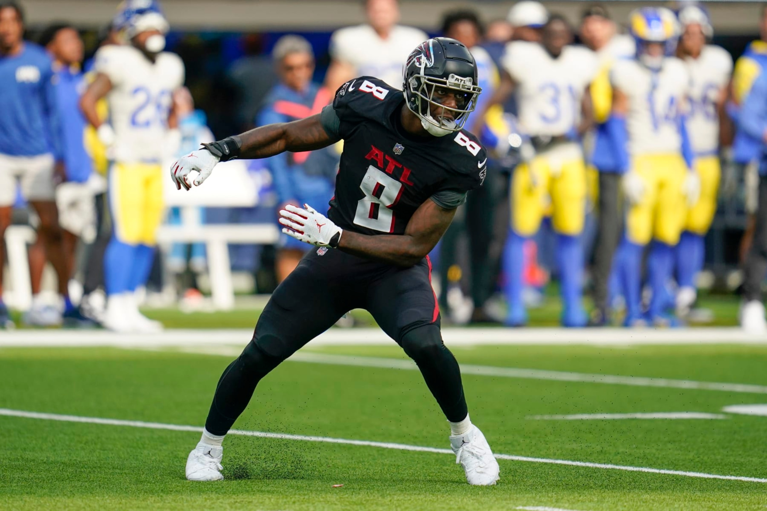 Atlanta Falcons tight end Kyle Pitts in action during the second half of an NFL football game against the Los Angeles Rams, Sunday, Sept. 18, 2022, in Inglewood, Calif. (AP Photo/Ashley Landis)