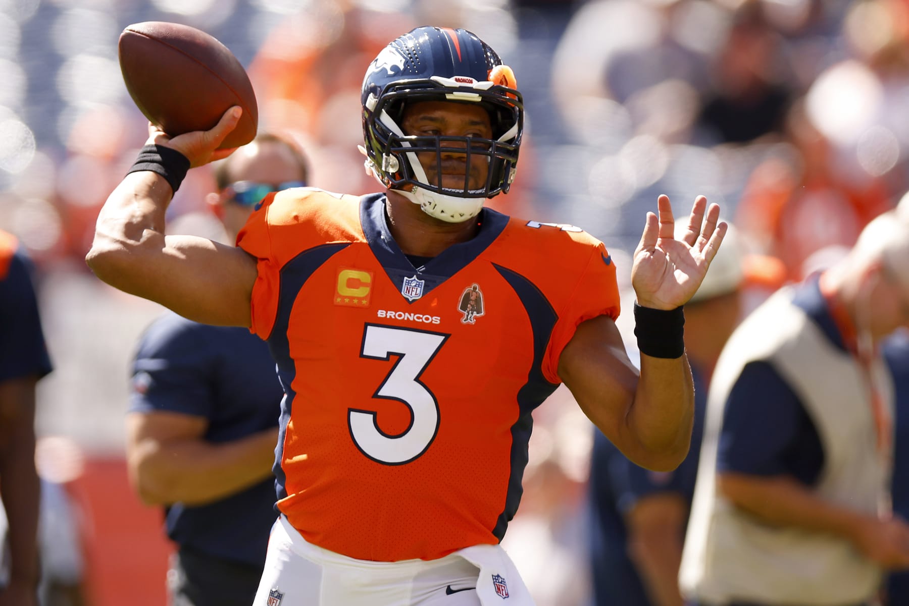 DENVER, COLORADO - SEPTEMBER 18: Russell Wilson #3 of the Denver Broncos warms up prior to playing the Houston Texans at Empower Field At Mile High on September 18, 2022 in Denver, Colorado. (Photo by Justin Edmonds/Getty Images)
