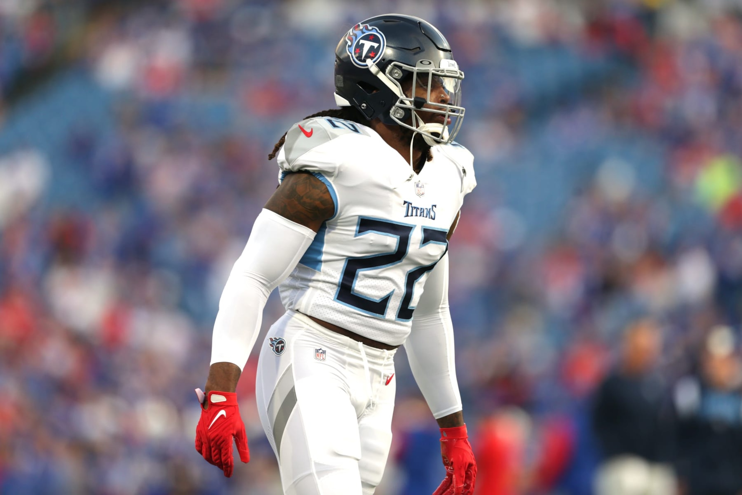 ORCHARD PARK, NEW YORK - SEPTEMBER 19: Derrick Henry #22 of the Tennessee Titans looks on during warm ups prior to the game against the Buffalo Bills at Highmark Stadium on September 19, 2022 in Orchard Park, New York. (Photo by Joshua Bessex/Getty Images)