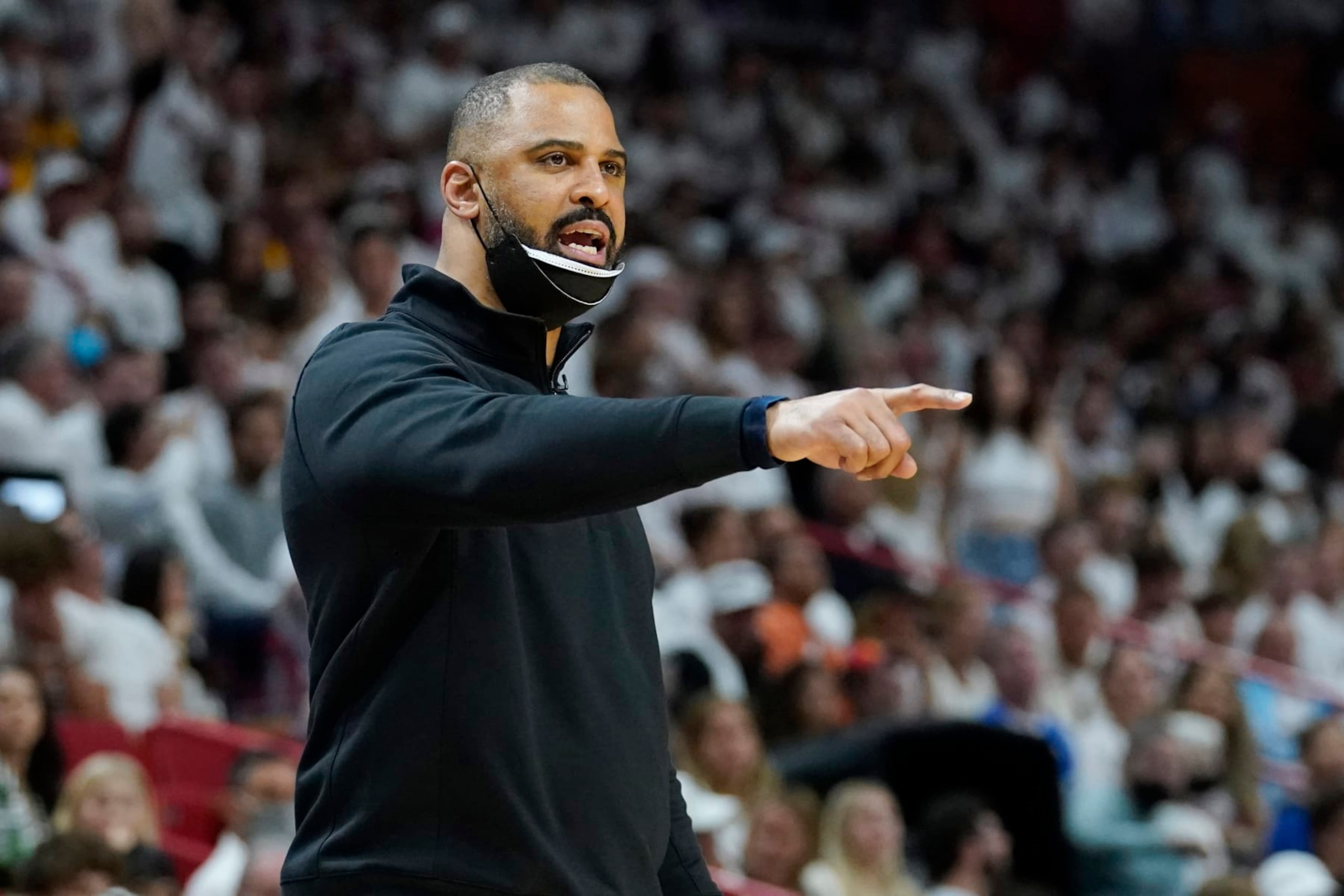 Boston Celtics head coach Ime Udoka gestures during the first half of Game 7 of the NBA basketball Eastern Conference finals playoff series against the Miami Heat, Sunday, May 29, 2022, in Miami. (AP Photo/Lynne Sladky) Boston Celtics head coach Ime Udoka gestures during the first half of Game 7 of the NBA basketball Eastern Conference finals playoff series against the Miami Heat, Sunday, May 29, 2022, in Miami. (AP Photo/Lynne Sladky)