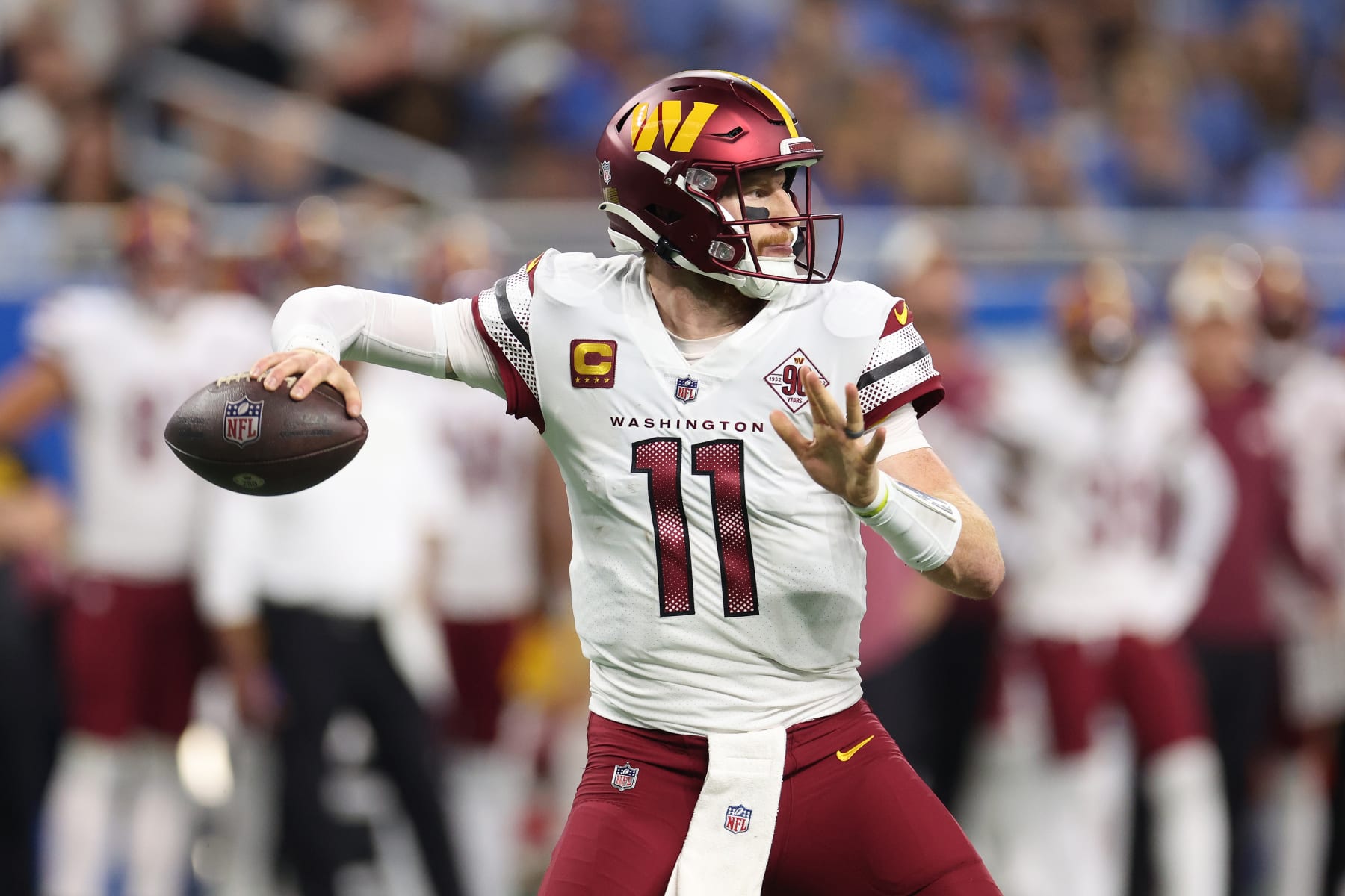 DETROIT, MICHIGAN - SEPTEMBER 18: Carson Wentz #11 of the Washington Commanders plays against the Detroit Lions at Ford Field on September 18, 2022 in Detroit, Michigan. (Photo by Gregory Shamus/Getty Images)
