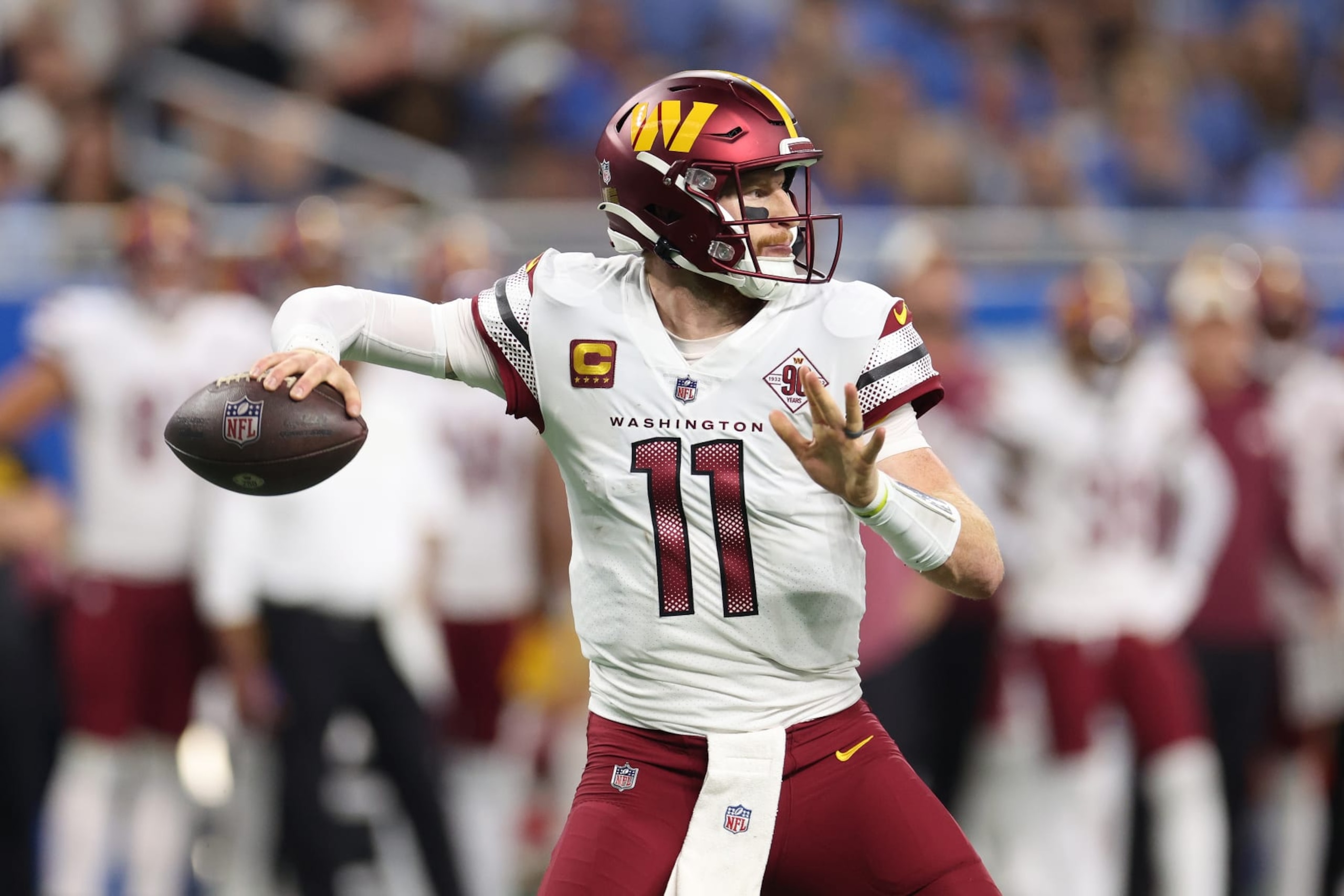 DETROIT, MICHIGAN - SEPTEMBER 18: Carson Wentz #11 of the Washington Commanders plays against the Detroit Lions at Ford Field on September 18, 2022 in Detroit, Michigan. (Photo by Gregory Shamus/Getty Images)