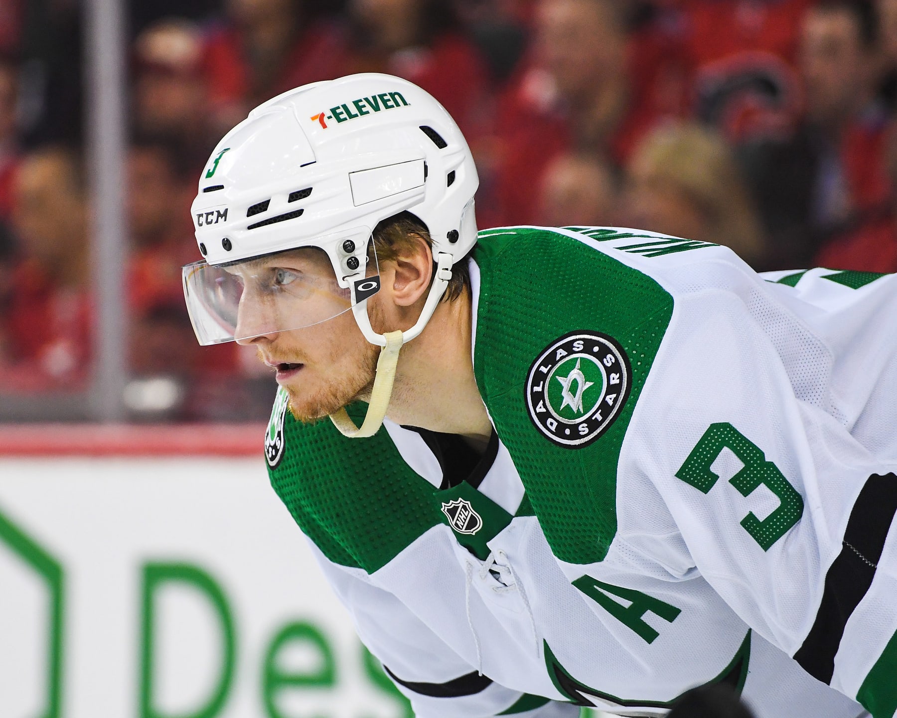 CALGARY, AB - MAY 15: John Klingberg #3 of the Dallas Stars in action against the Calgary Flames during Game Seven of the First Round of the 2022 Stanley Cup Playoffs at Scotiabank Saddledome on May 15, 2022 in Calgary, Alberta, Canada. The Flames defeated the Stars 3-2 in overtime. (Photo by Derek Leung/Getty Images)