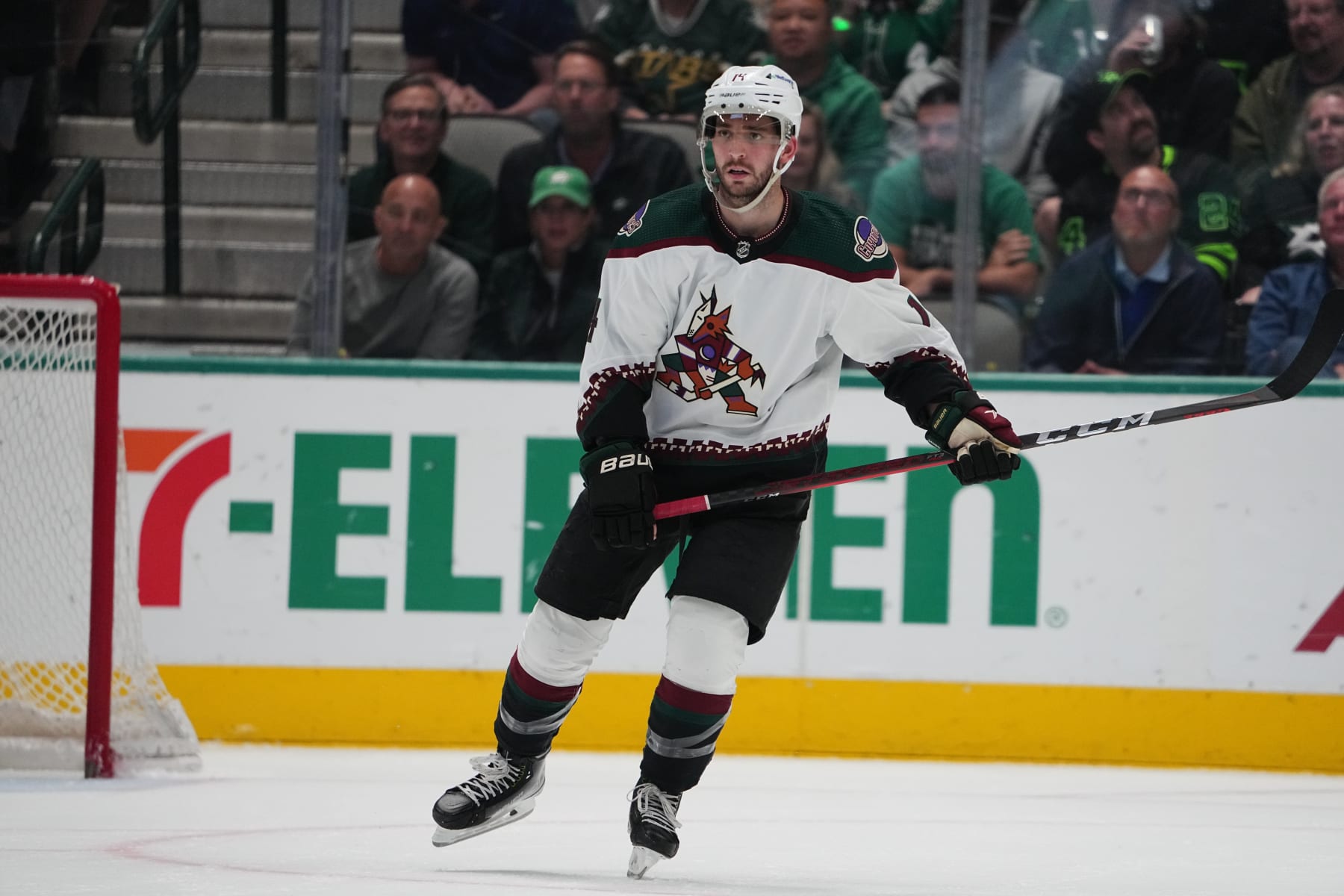 DALLAS, TX - APRIL 27: Shayne Gostisbehere #14 of the Arizona Coyotes skates against the Dallas Stars at the American Airlines Center on April 27, 2022 in Dallas, Texas. (Photo by Glenn James/NHLI via Getty Images)