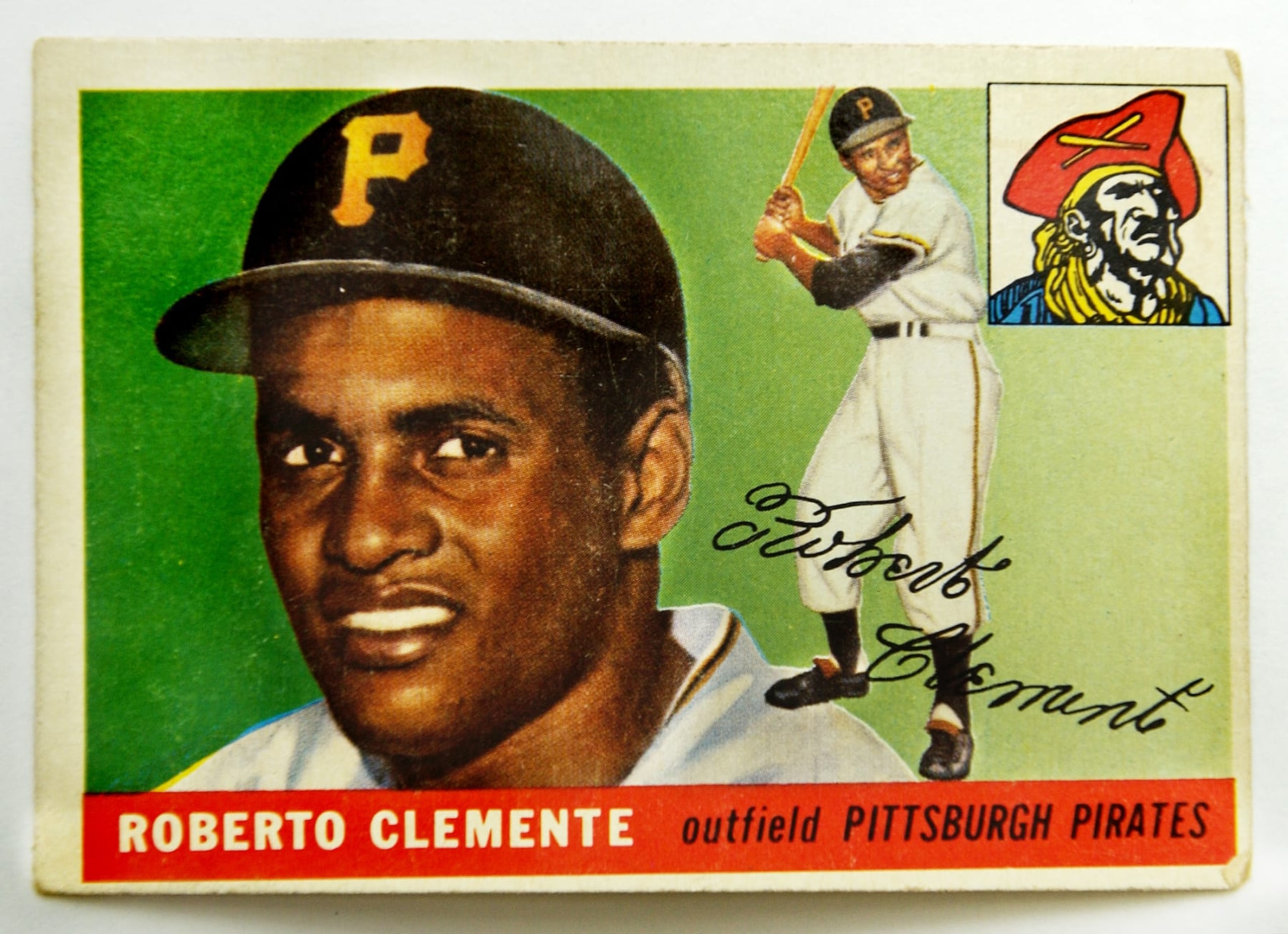 Staff Photo by Gordon Chibroski, Tuesday, August 31, 2004: This Roberto Clemente 1955 Topps card is one of the more expensive cards ($2,000) in Edd Cabral's collection. He has the whole set of 1955 cards on sale for $7,200 and probably won't sell this card individually, according to Cabral.  (Photo by Gordon Chibroski/Portland Press Herald via Getty Images)