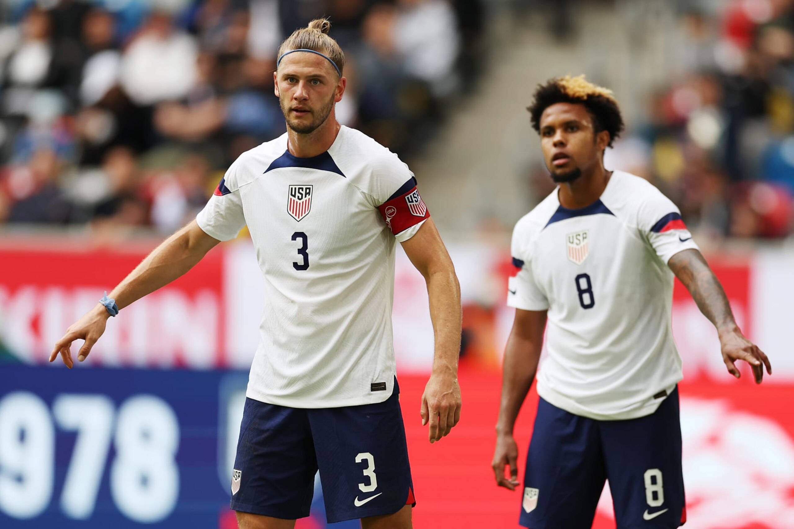 DUESSELDORF, GERMANY - SEPTEMBER 23: Walker Zimmerman of Team United States gestures during the International Friendly match between Japan and United States at Merkur Spiel-Arena on September 23, 2022 in Duesseldorf, Germany. (Photo by Lars Baron/Getty Images)
