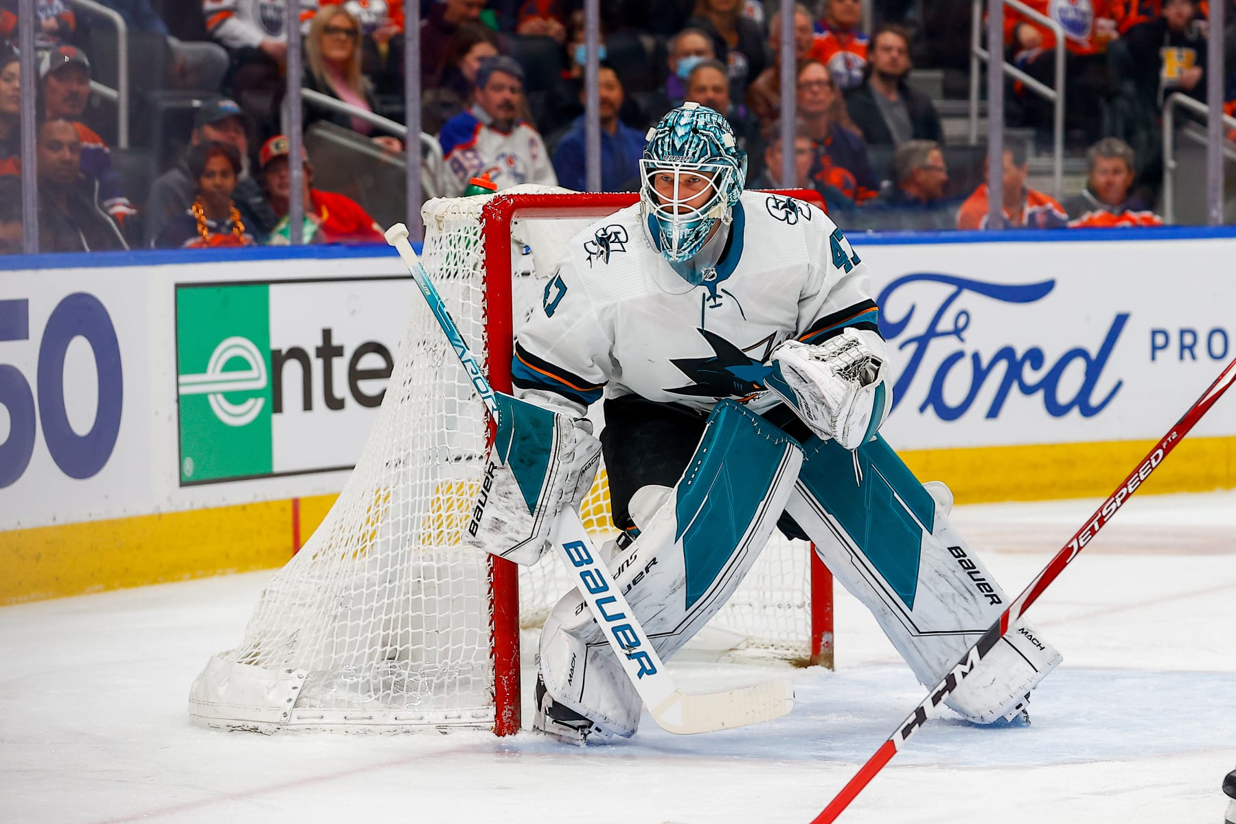 EDMONTON, AB - APRIL 29: San Jose Sharks Goalie James Reimer (47) in action in the first period during the Edmonton Oilers game versus the San Jose Sharks on April 29, 2022 at Rogers Place in Edmonton, AB. (Photo by Curtis Comeau/Icon Sportswire via Getty Images)