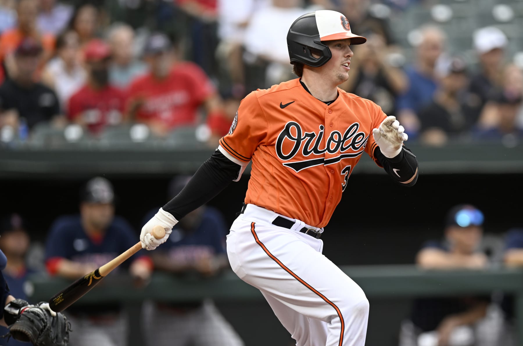 BALTIMORE, MARYLAND - SEPTEMBER 10: Adley Rutschman #35 of the Baltimore Orioles bats against the Boston Red Sox at Oriole Park at Camden Yards on September 10, 2022 in Baltimore, Maryland. (Photo by G Fiume/Getty Images)