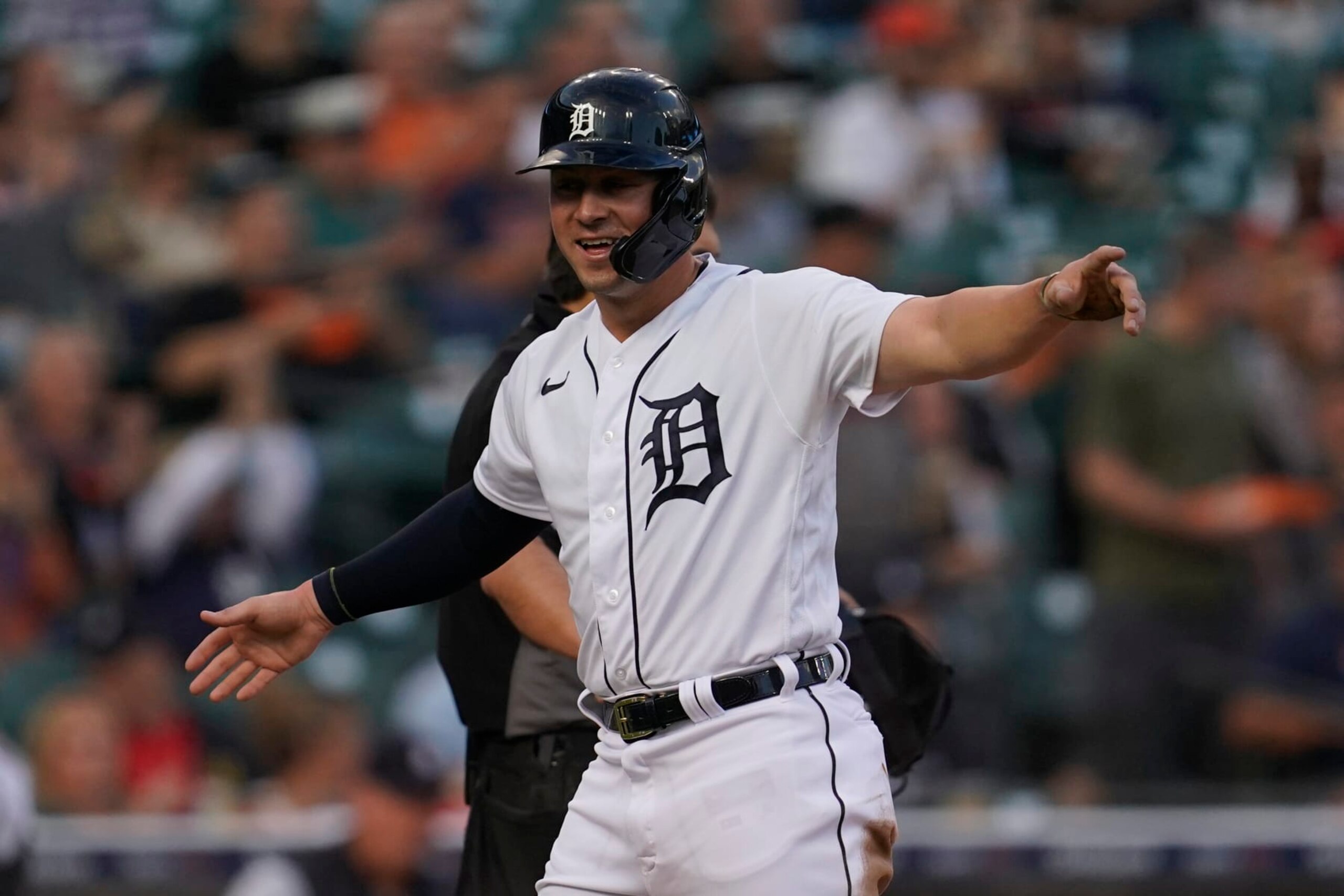 Detroit Tigers' Spencer Torkelson celebrates scoring against the Houston Astros in the second inning of a baseball game in Detroit, Tuesday, Sept. 13, 2022. (AP Photo/Paul Sancya) Detroit Tigers' Spencer Torkelson celebrates scoring against the Houston Astros in the second inning of a baseball game in Detroit, Tuesday, Sept. 13, 2022. (AP Photo/Paul Sancya)