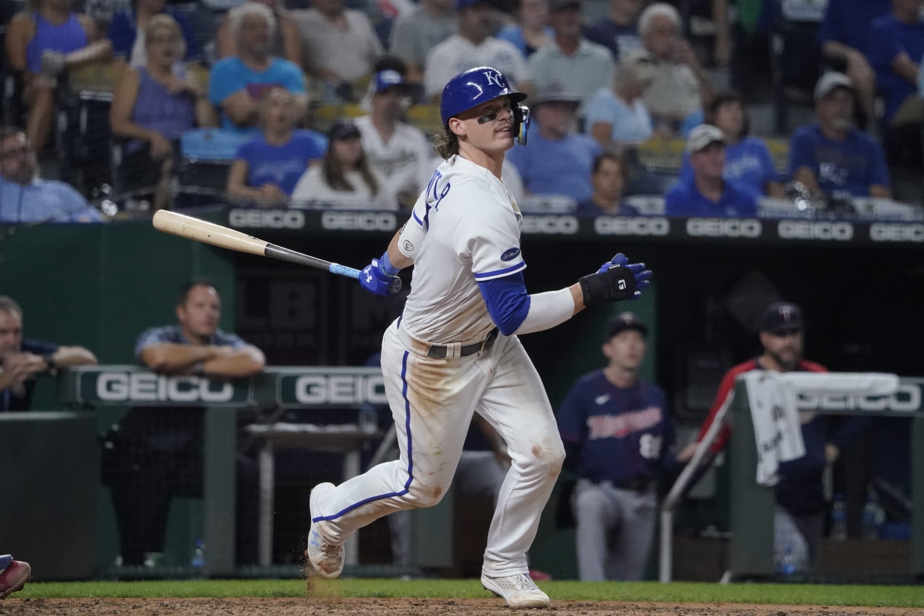 KANSAS CITY, MISSOURI - SEPTEMBER 20:  Bobby Witt Jr. #7 of the Kansas City Royals hits in the seventh inning against the Minnesota Twins at Kauffman Stadium on September 20, 2022 in Kansas City, Missouri. (Photo by Ed Zurga/Getty Images)