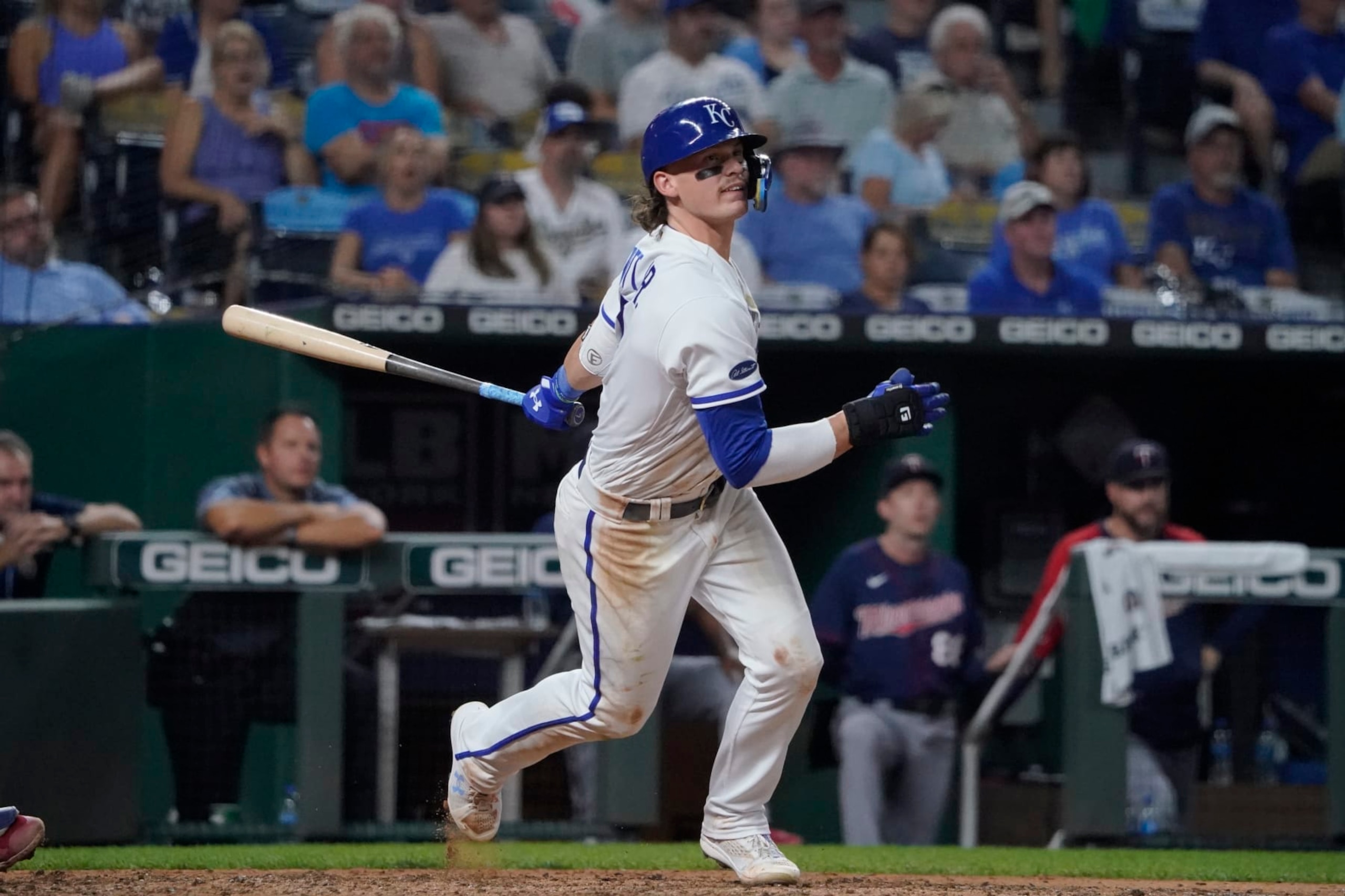 KANSAS CITY, MISSOURI - SEPTEMBER 20: Bobby Witt Jr. #7 of the Kansas City Royals hits in the seventh inning against the Minnesota Twins at Kauffman Stadium on September 20, 2022 in Kansas City, Missouri. (Photo by Ed Zurga/Getty Images) KANSAS CITY, MISSOURI - SEPTEMBER 20: Bobby Witt Jr. #7 of the Kansas City Royals hits in the seventh inning against the Minnesota Twins at Kauffman Stadium on September 20, 2022 in Kansas City, Missouri. (Photo by Ed Zurga/Getty Images)