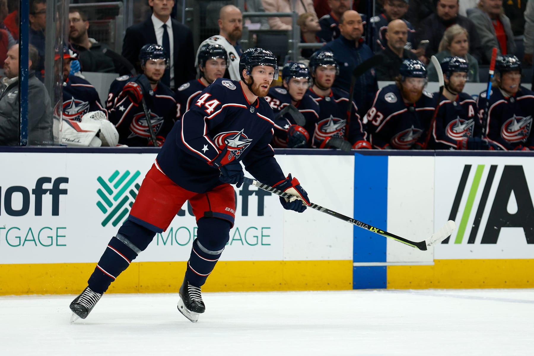 COLUMBUS, OH - APRIL 04:  Vladislav Gavrikov #44 of the Columbus Blue Jackets skates after the puck during the game against the Boston Bruins at Nationwide Arena on April 4, 2022 in Columbus, Ohio. (Photo by Kirk Irwin/Getty Images)