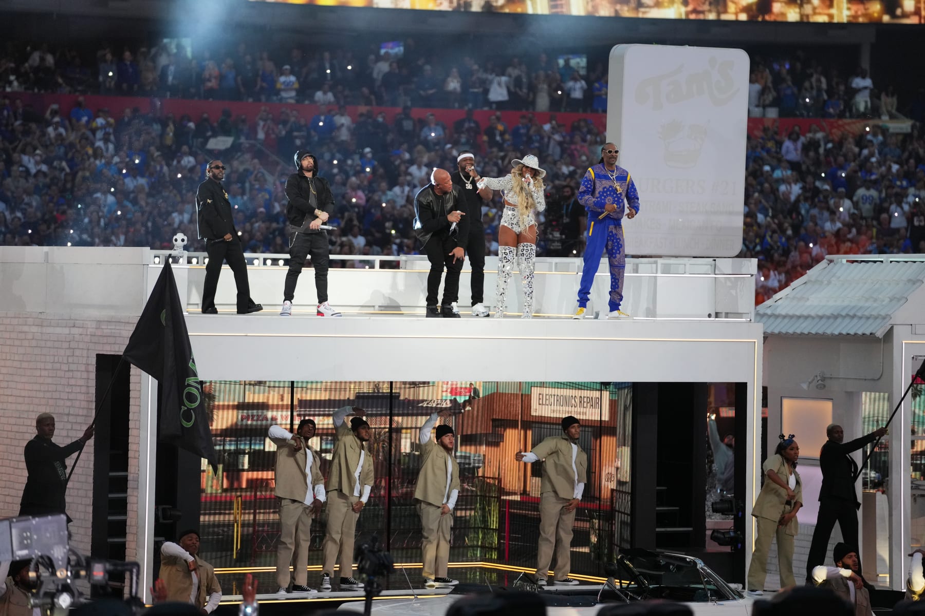 INGLEWOOD, CALIFORNIA - FEBRUARY 13: Dr. Dre performs in the Pepsi Halftime Show during the NFL Super Bowl LVI football game between the Cincinnati Bengals and the Los Angeles Rams at SoFi Stadium on February 13, 2022 in Inglewood, California. (Photo by Cooper Neill/Getty Images)