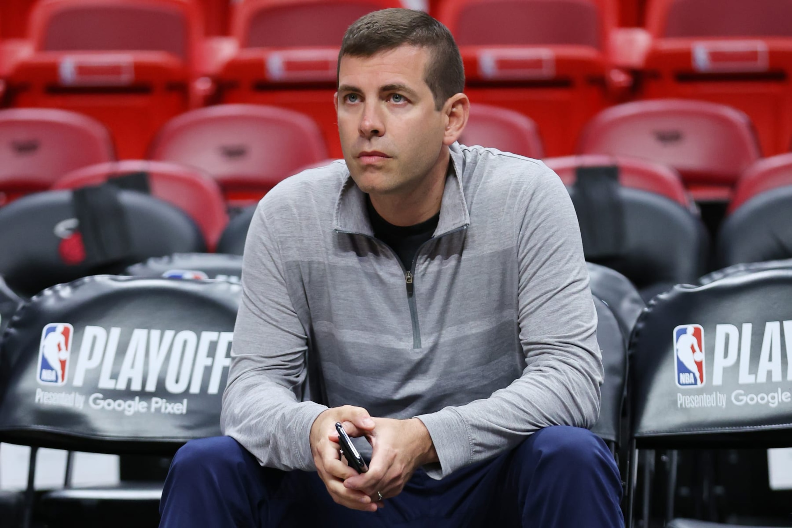 MIAMI, FLORIDA - MAY 19: Boston Celtics President of Basketball Operations Brad Stevens looks on prior to Game Two of the 2022 NBA Playoffs Eastern Conference Finals against the Miami Heat at FTX Arena on May 19, 2022 in Miami, Florida. NOTE TO USER: User expressly acknowledges and agrees that, by downloading and or using this photograph, User is consenting to the terms and conditions of the Getty Images License Agreement. (Photo by Michael Reaves/Getty Images)