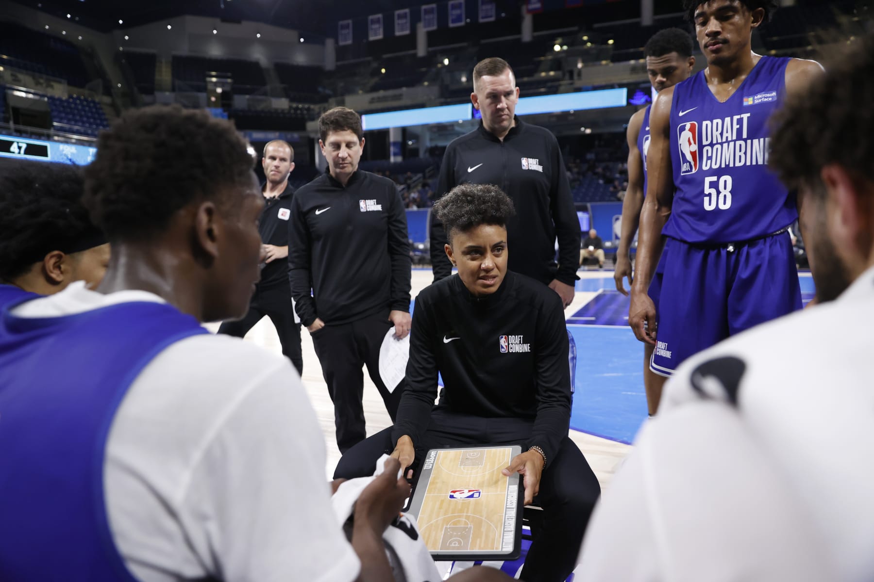 CHICAGO, IL - MAY 19: Candice Dupree talks to the team during the 2022 NBA Draft Combine on May 19, 2022 at the Wintrust Arena in Chicago, Illinois. NOTE TO USER: User expressly acknowledges and agrees that, by downloading and or using this photograph, user is consenting to the terms and conditions of the Getty Images License Agreement.  Mandatory Copyright Notice: Copyright 2022 NBAE (Photo by Kamil Krzaczynski/NBAE via Getty Images)