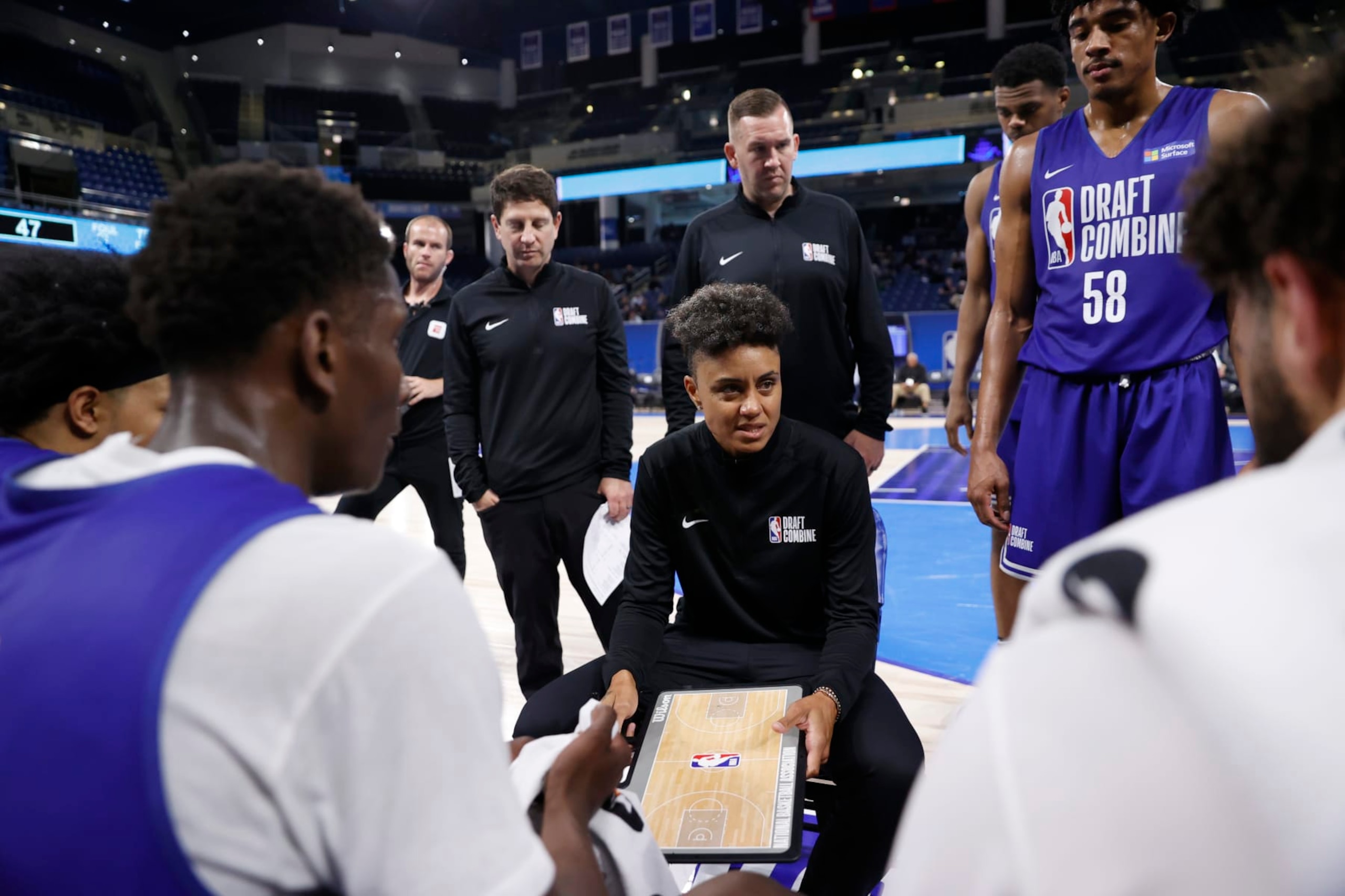 CHICAGO, IL - MAY 19: Candice Dupree talks to the team during the 2022 NBA Draft Combine on May 19, 2022 at the Wintrust Arena in Chicago, Illinois. NOTE TO USER: User expressly acknowledges and agrees that, by downloading and or using this photograph, user is consenting to the terms and conditions of the Getty Images License Agreement.  Mandatory Copyright Notice: Copyright 2022 NBAE (Photo by Kamil Krzaczynski/NBAE via Getty Images)