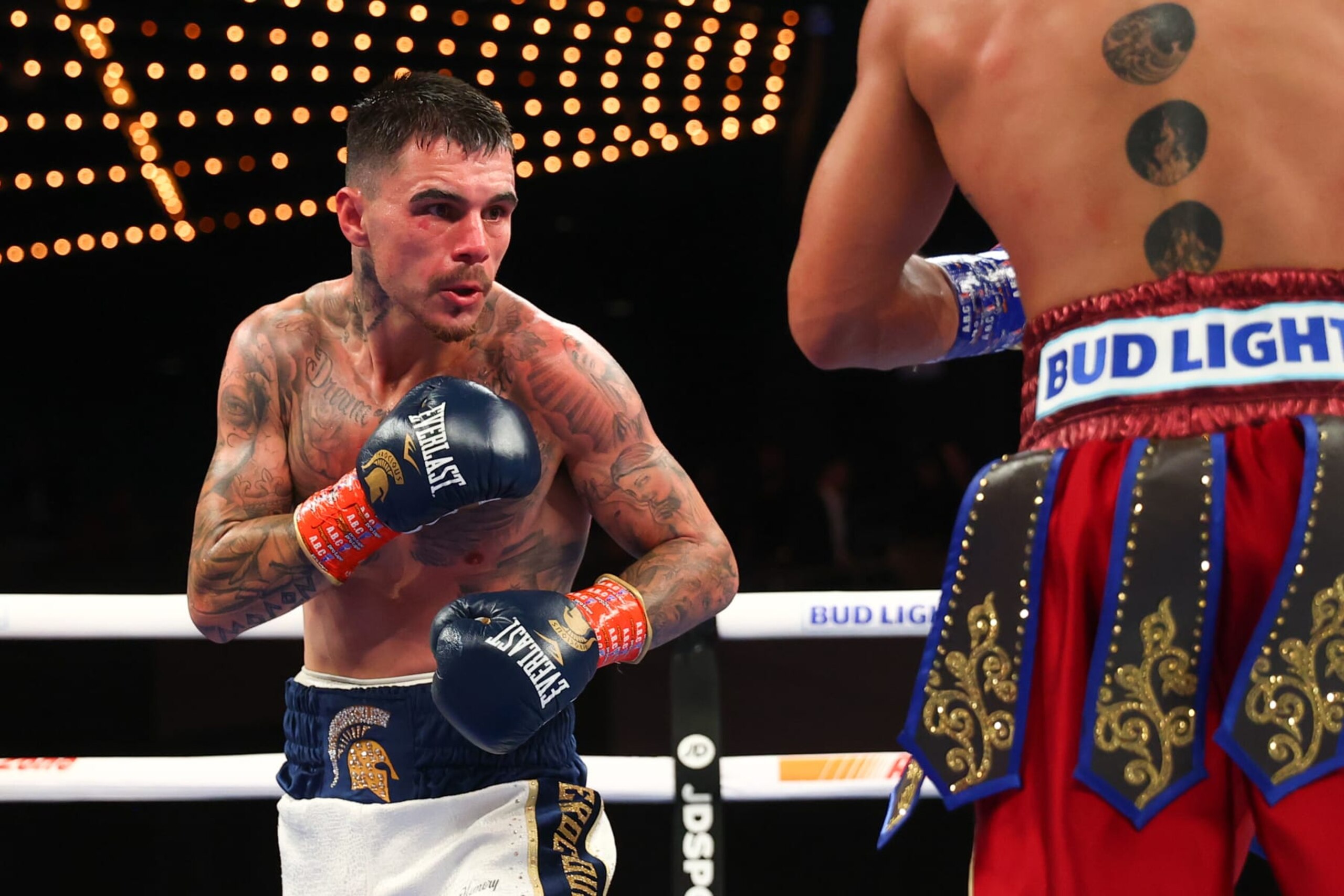 NEW YORK, NY - NOVEMBER 27:  George Kambosos Jr.during his fight with Teofimo lopez for the Undisputed Lightweight title at The Hulu Theater at Madison Square Garden on November 27, 2021 in New York, New York (Photo by Rich Graessle/Icon Sportswire via Getty Images)
