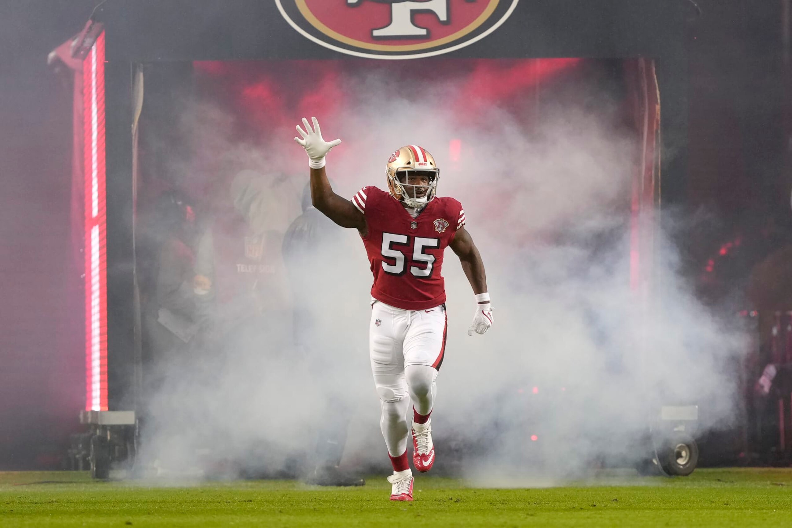 San Francisco 49ers defensive end Dee Ford (55) is introduced before an NFL football game against the Indianapolis Colts in Santa Clara, Calif., Sunday, Oct. 24, 2021. (AP Photo/Tony Avelar)