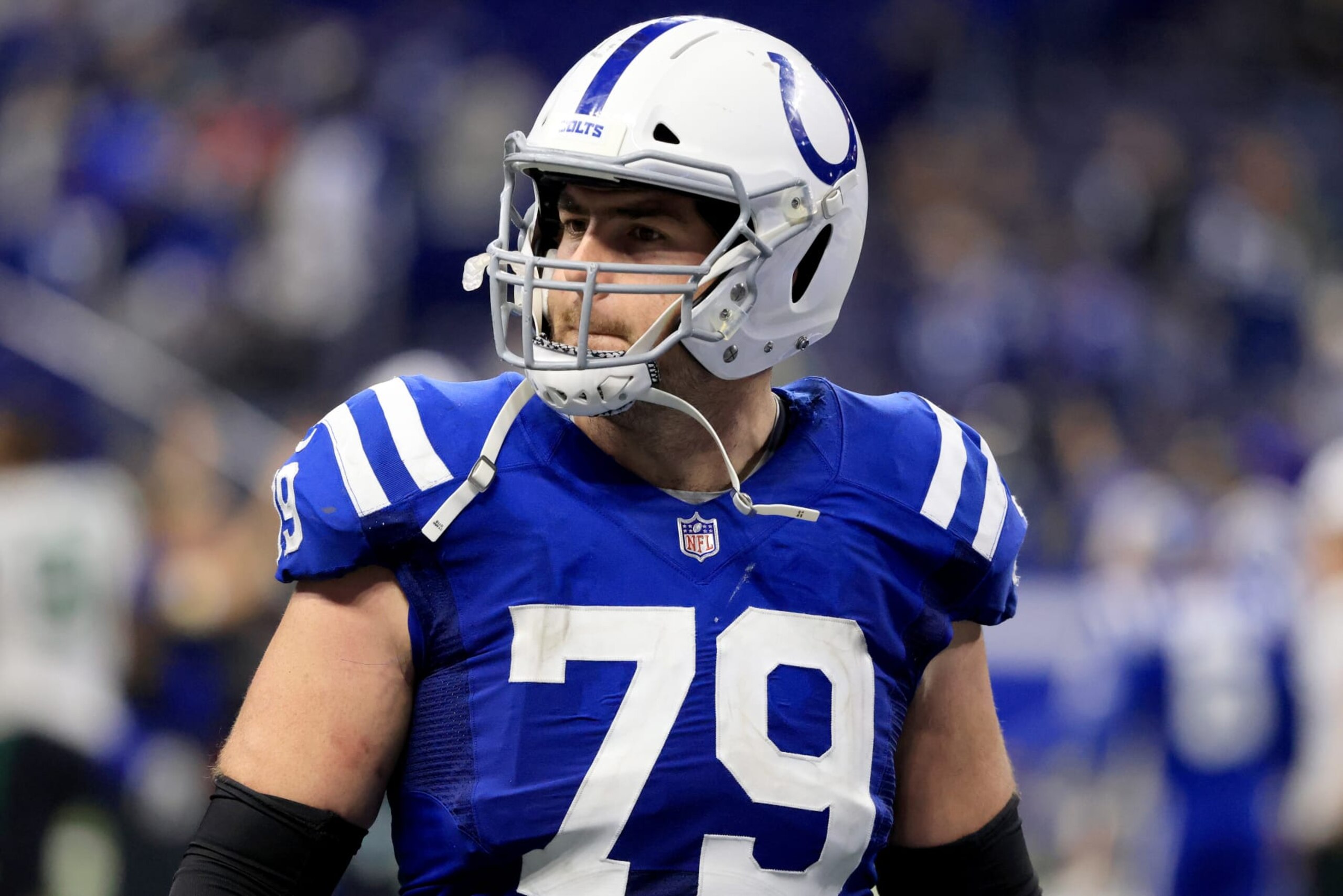 INDIANAPOLIS, INDIANA - NOVEMBER 04: Eric Fisher #79 of the Indianapolis Colts walks off the field after the game against the New York Jets at Lucas Oil Stadium on November 04, 2021 in Indianapolis, Indiana. (Photo by Justin Casterline/Getty Images)