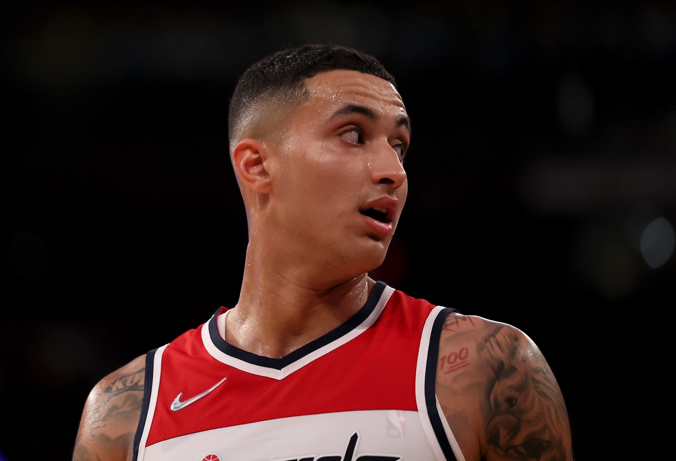 NEW YORK, NEW YORK - MARCH 18: Kyle Kuzma #33 of the Washington Wizards looks on during a break in the action in the second quarter of a game against the New York Knicks at Madison Square Garden on March 18, 2022 in New York City. NOTE TO USER: User expressly acknowledges and agrees that, by downloading and or using this photograph, User is consenting to the terms and conditions of the Getty Images License Agreement. (Photo by Dustin Satloff/Getty Images) NEW YORK, NEW YORK - MARCH 18: Kyle Kuzma #33 of the Washington Wizards looks on during a break in the action in the second quarter of a game against the New York Knicks at Madison Square Garden on March 18, 2022 in New York City. NOTE TO USER: User expressly acknowledges and agrees that, by downloading and or using this photograph, User is consenting to the terms and conditions of the Getty Images License Agreement. (Photo by Dustin Satloff/Getty Images)