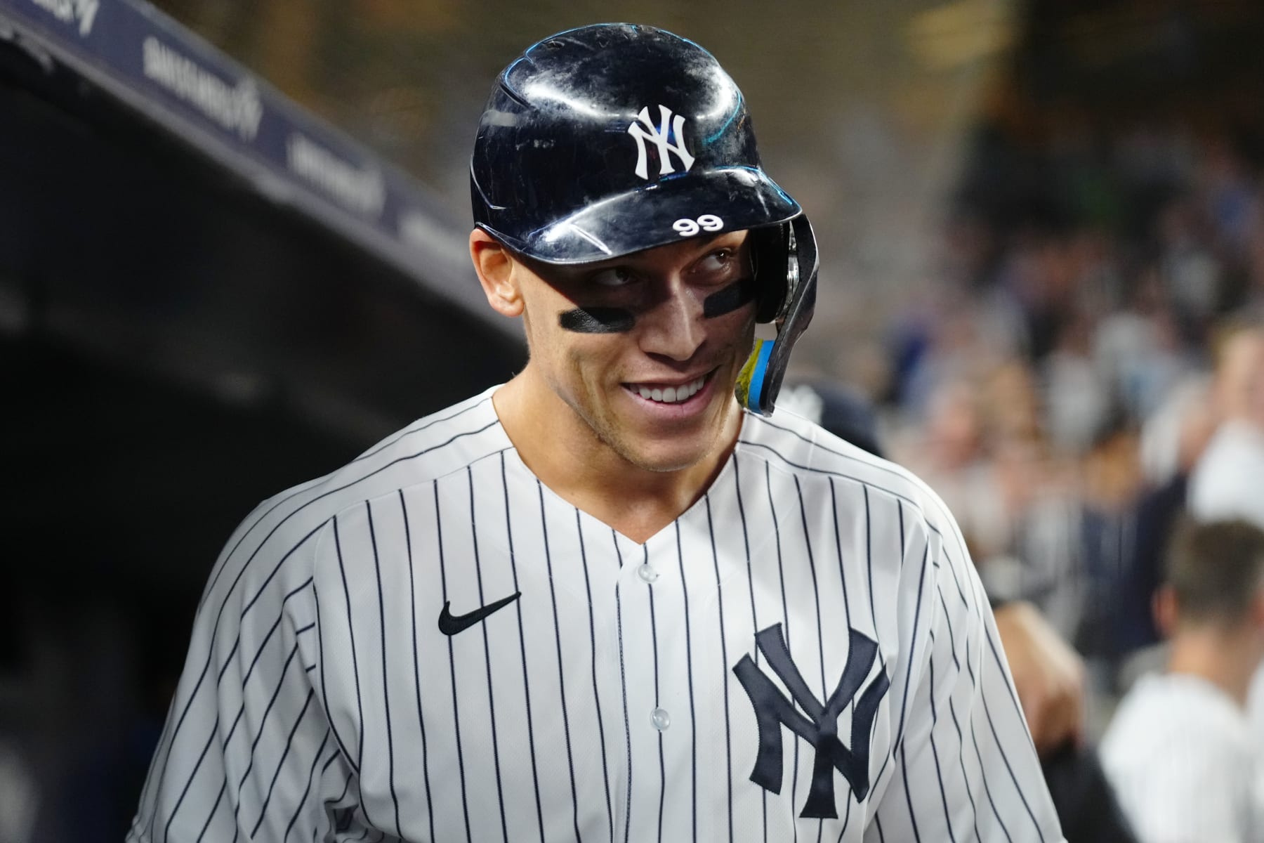 NEW YORK, NY - SEPTEMBER 20: Aaron Judge #99 of the New York Yankees reacts in the dugout after hitting his 60th home run of the season in the ninth inning during the game between the Pittsburgh Pirates and the New York Yankees at Yankee Stadium on Tuesday, September 20, 2022 in New York, New York. (Photo by Daniel Shirey/MLB Photos via Getty Images) NEW YORK, NY - SEPTEMBER 20: Aaron Judge #99 of the New York Yankees reacts in the dugout after hitting his 60th home run of the season in the ninth inning during the game between the Pittsburgh Pirates and the New York Yankees at Yankee Stadium on Tuesday, September 20, 2022 in New York, New York. (Photo by Daniel Shirey/MLB Photos via Getty Images)