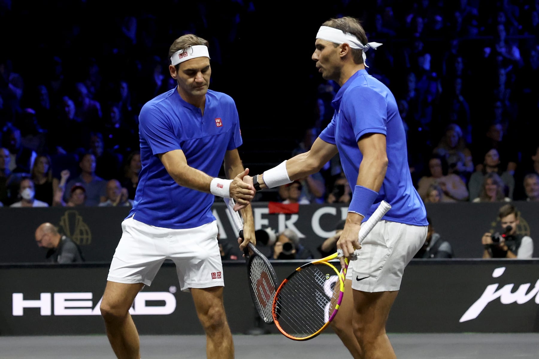 LONDON, ENGLAND - SEPTEMBER 23: Roger Federer and Rafael Nadal of Team Europe react during the doubles match between Jack Sock and Frances Tiafoe of Team World and Roger Federer and Rafael Nadal of Team Europe during Day One of the Laver Cup at The O2 Arena on September 23, 2022 in London, England. (Photo by Clive Brunskill/Getty Images for Laver Cup)