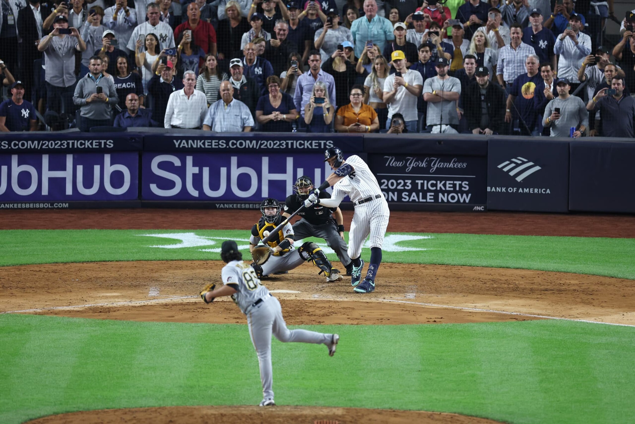 NEW YORK, NEW YORK - SEPTEMBER 21:  Aaron Judge #99 of the New York Yankees grounds out against Miguel Yajure #89 of the Pittsburgh Pirates in the seventh inning during their game at Yankee Stadium on September 21, 2022 in the Bronx borough of New York City. (Photo by Al Bello/Getty Images)