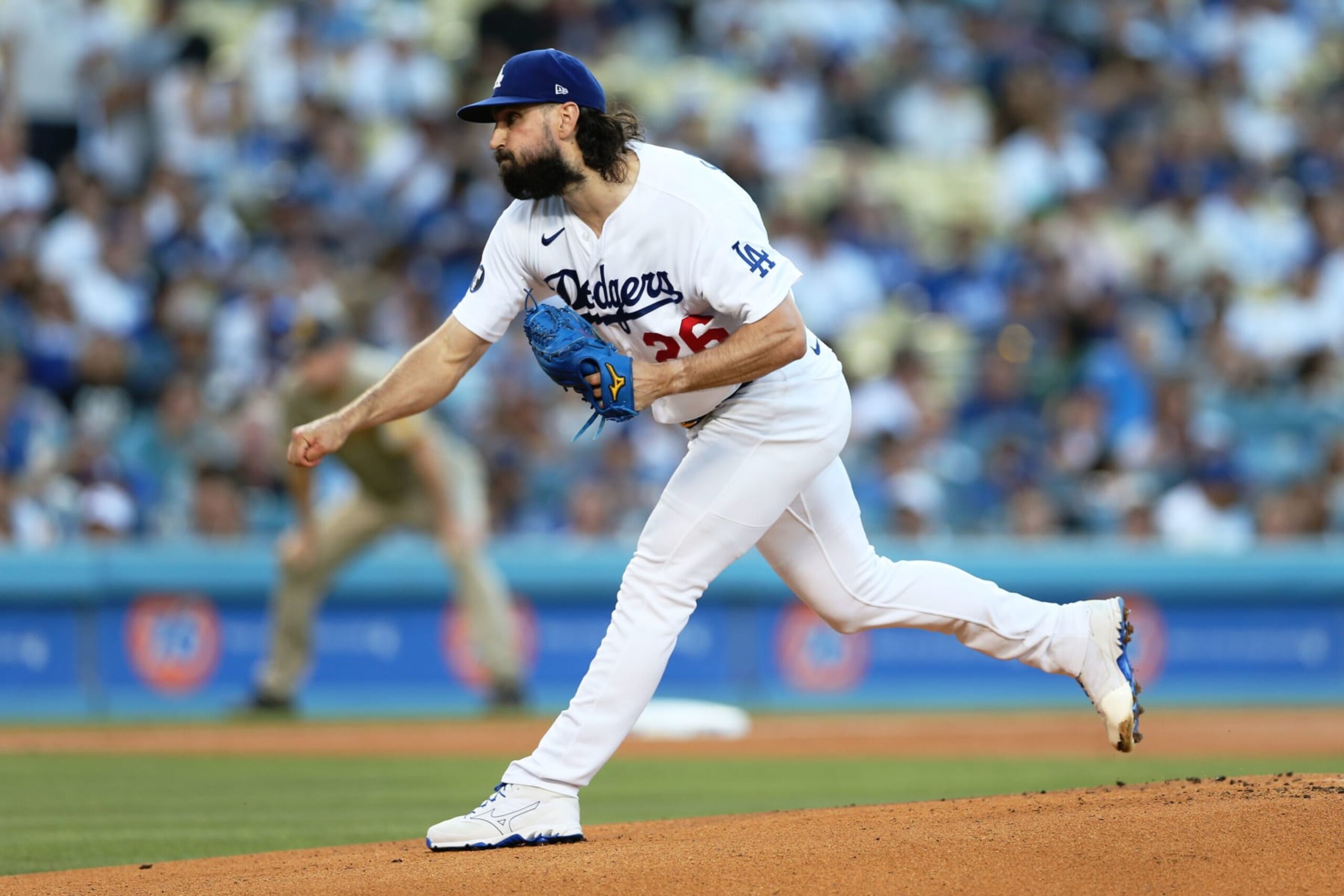 LOS ANGELES, CA - AUGUST 05: Tony Gonsolin #26 of the Los Angeles Dodgers pitches in the first inning during the game between the San Diego Padres and the Los Angeles Dodgers at Dodgers Stadium on Friday, August 5, 2022 in Los Angeles, California. (Photo by Rob Leiter/MLB Photos via Getty Images)