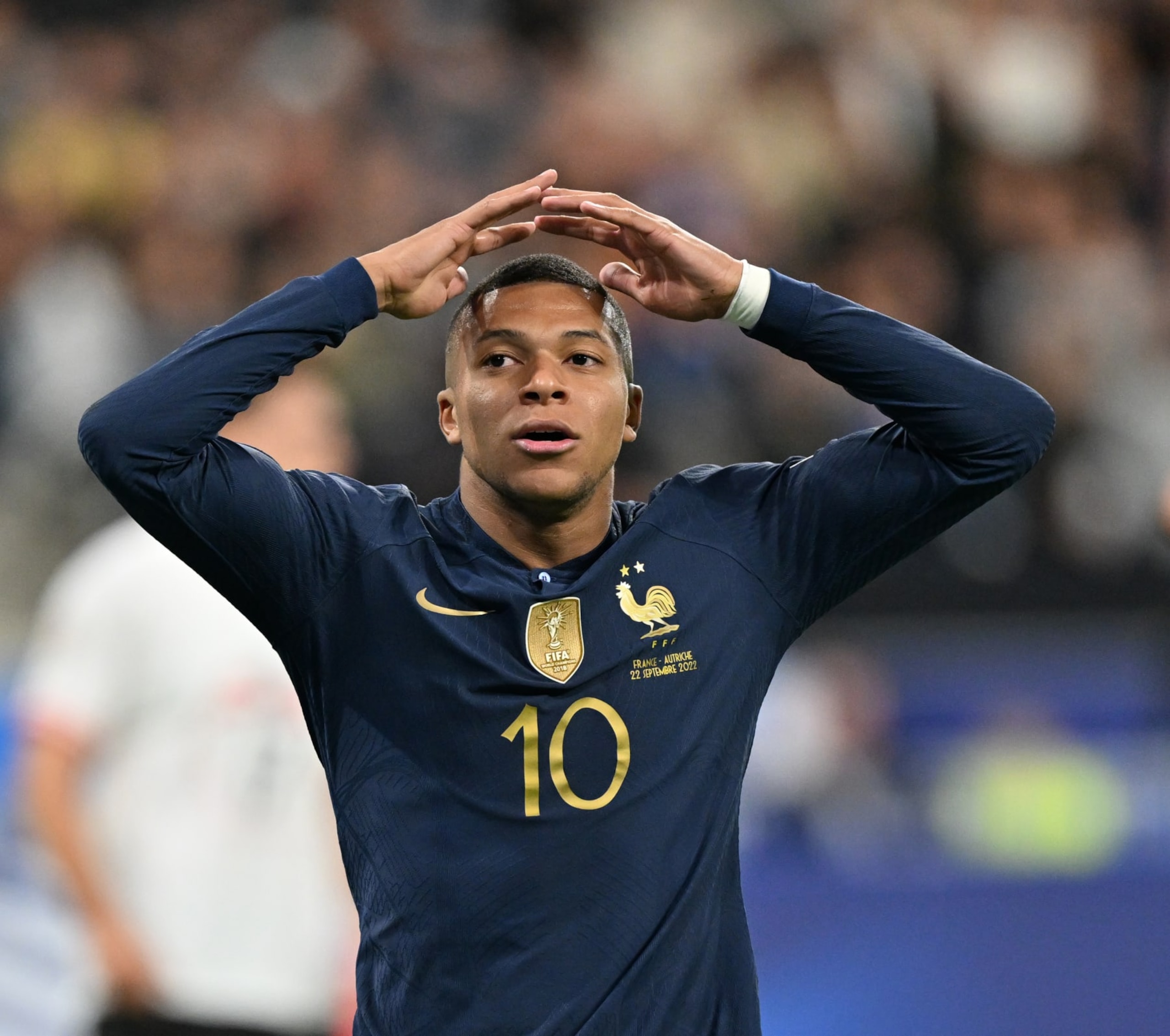 PARIS, FRANCE - SEPTEMBER 22: Kylian Mbappe of France reacts during the UEFA Nations League, League A Group 1 match between France and Austria at Stade de France in Saint-Denis, north of Paris, France on September 22, 2022. (Photo by Mustafa Yalcin/Anadolu Agency via Getty Images) PARIS, FRANCE - SEPTEMBER 22: Kylian Mbappe of France reacts during the UEFA Nations League, League A Group 1 match between France and Austria at Stade de France in Saint-Denis, north of Paris, France on September 22, 2022. (Photo by Mustafa Yalcin/Anadolu Agency via Getty Images)