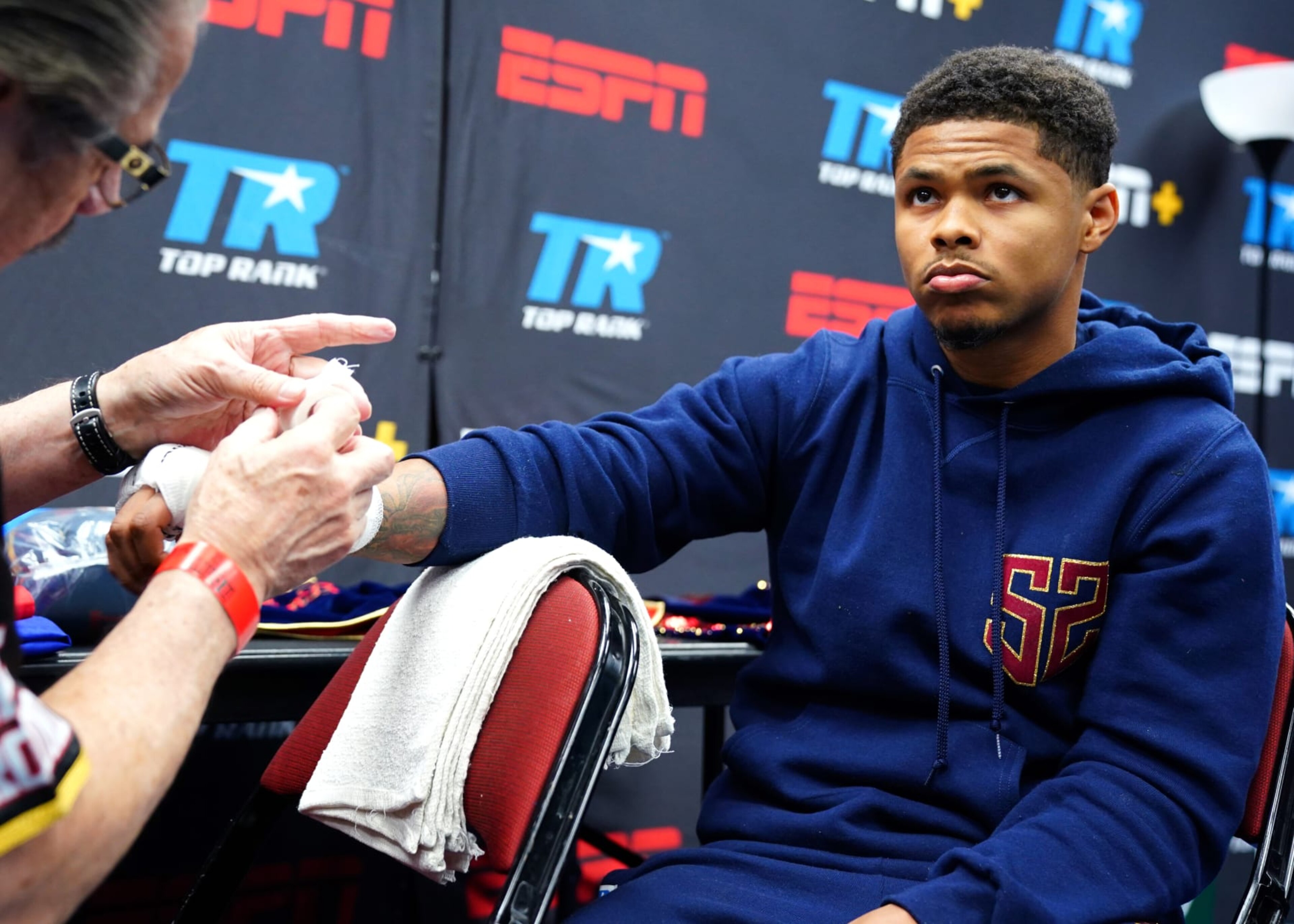 NEWARK, NEW JERSEY - SEPTEMBER 23: Shakur Stevenson gets his hands wrapped before his WBC and WBO junior lightweight championship fight with Robson Conceição, at Prudential Center on September 23, 2023 in Newark, New Jersey. (Photo by Mikey Williams/Top Rank Inc via Getty Images) NEWARK, NEW JERSEY - SEPTEMBER 23: Shakur Stevenson gets his hands wrapped before his WBC and WBO junior lightweight championship fight with Robson Conceição, at Prudential Center on September 23, 2023 in Newark, New Jersey. (Photo by Mikey Williams/Top Rank Inc via Getty Images)