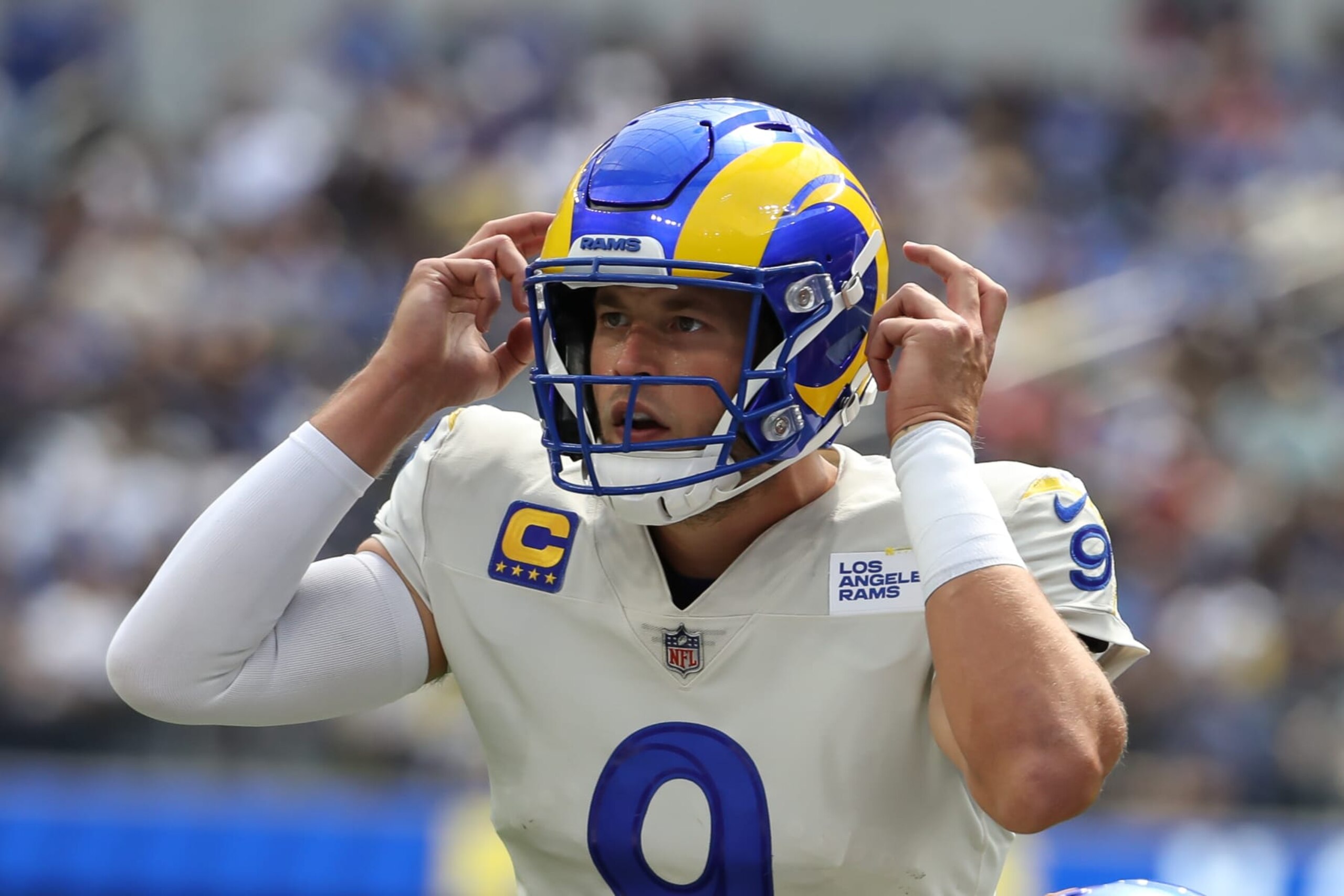 INGLEWOOD, CA - SEPTEMBER 18: Los Angeles Rams quarterback Matthew Stafford (9) signals a call  during an NFL game between the Atlanta Falcons and the Los Angeles Rams on September 18, 2022, at SoFi Stadium in Inglewood, CA. (Photo by Jevone Moore/Icon Sportswire via Getty Images)