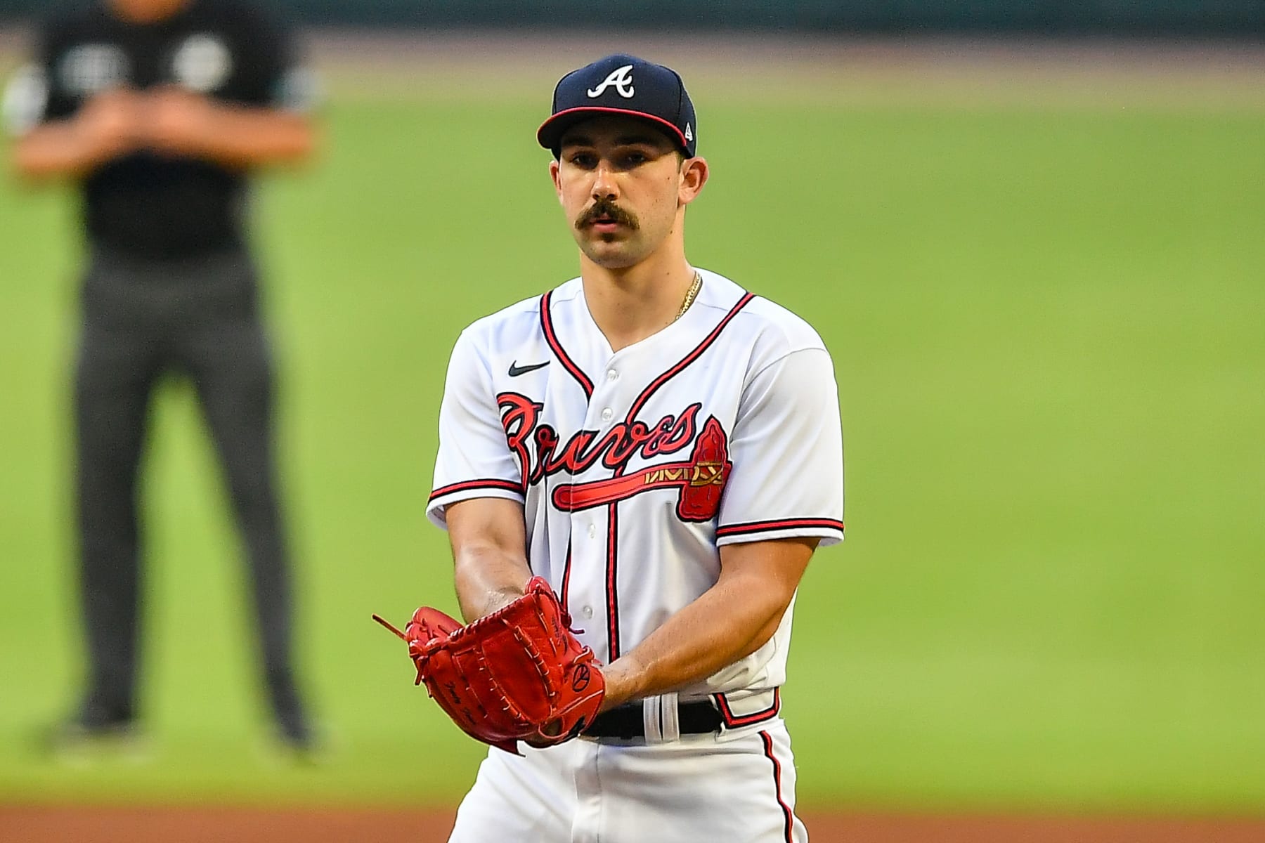 ATLANTA, GA  SEPTEMBER 01:  Atlanta starting pitcher Spencer Strider (65) looks in for the sign during the MLB game between the Colorado Rockies and the Atlanta Braves on September 1st, 2022 at Truist Park in Atlanta, GA. (Photo by Rich von Biberstein/Icon Sportswire via Getty Images)