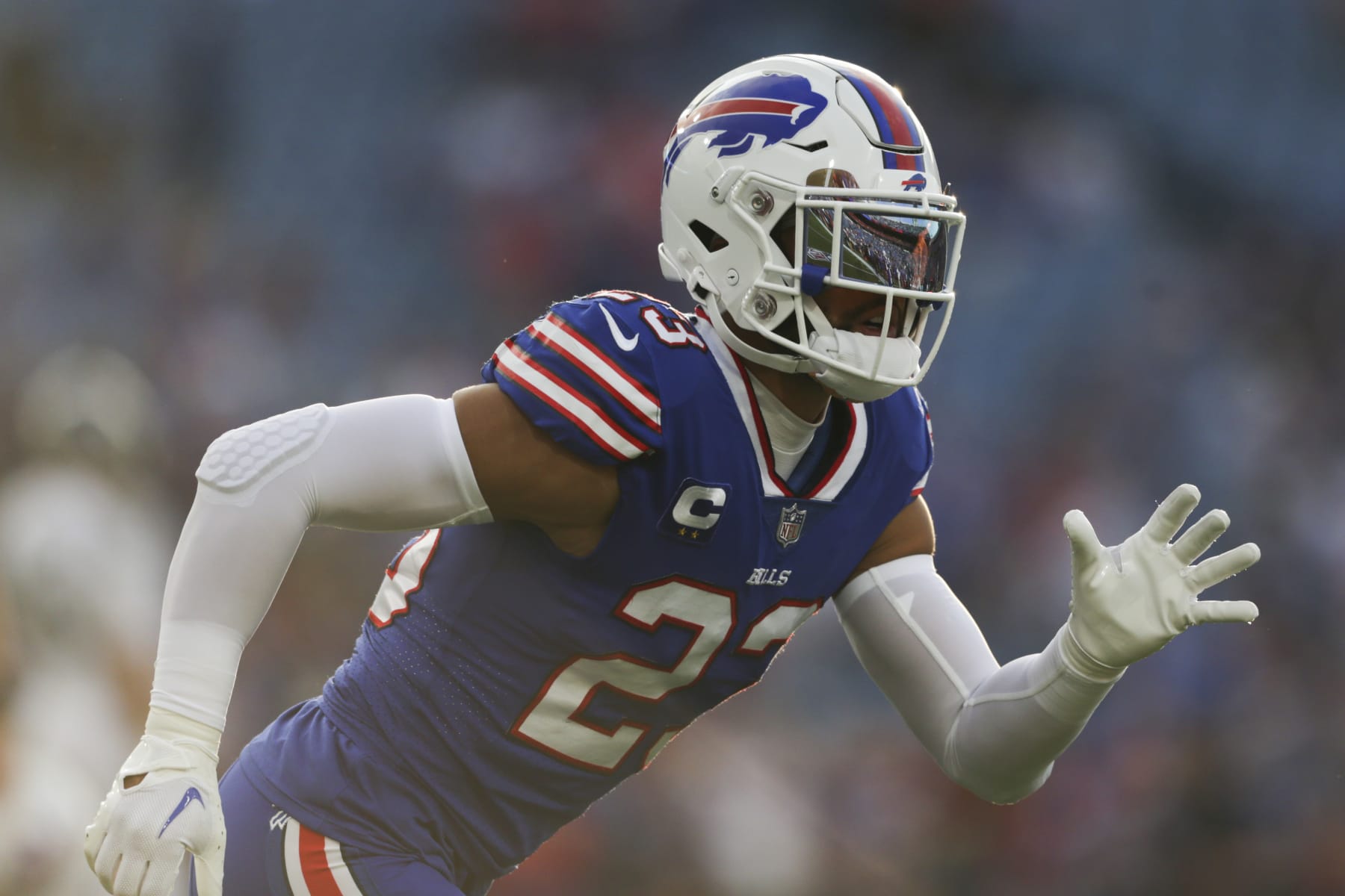 ORCHARD PARK, NEW YORK - SEPTEMBER 19: Micah Hyde #23 of the Buffalo Bills warms up before the game against the Tennessee Titans at Highmark Stadium on September 19, 2022 in Orchard Park, New York. (Photo by Joshua Bessex/Getty Images)