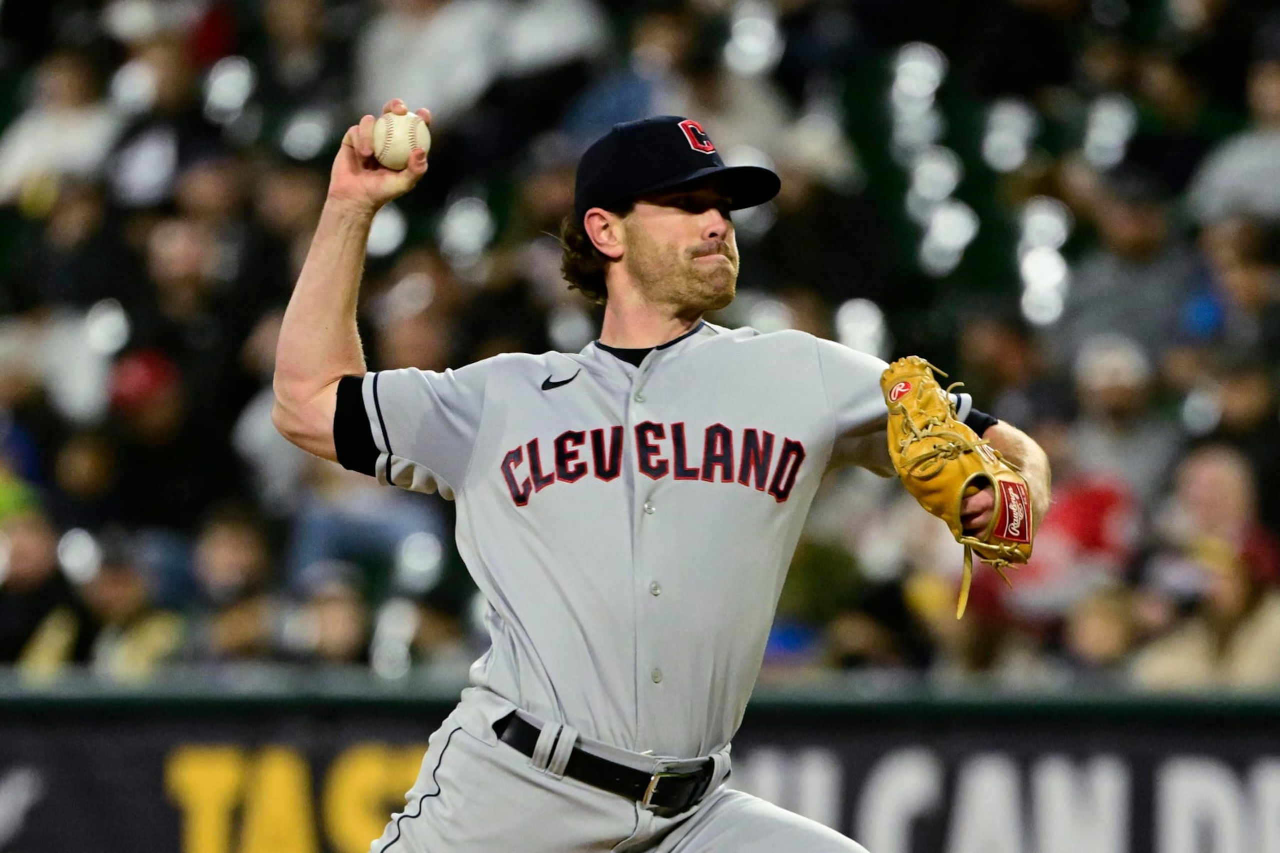 CHICAGO, ILLINOIS - SEPTEMBER 22: Starting pitcher Shane Bieber #57 of the Cleveland Guardians delivers the baseball in the first inning against the Chicago White Sox at Guaranteed Rate Field on September 22, 2022 in Chicago, Illinois. (Photo by Quinn Harris/Getty Images)