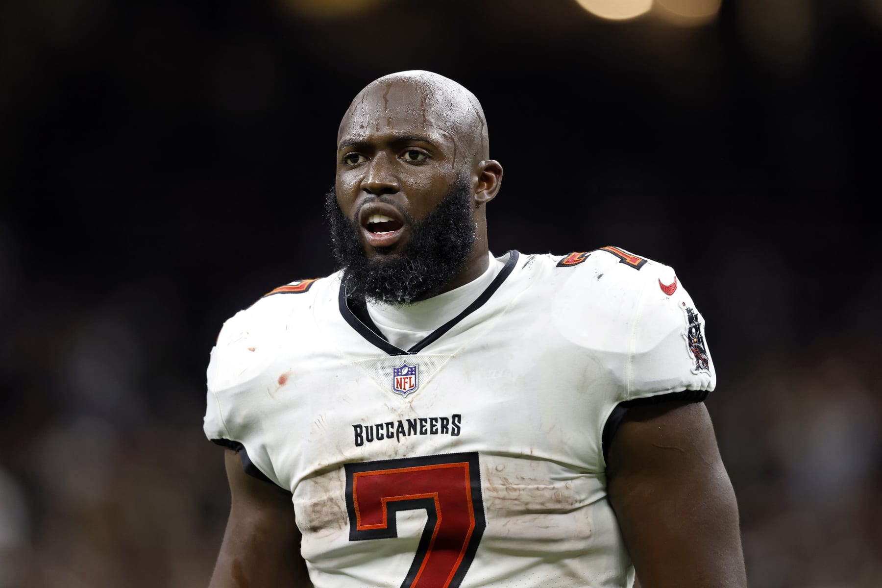 Tampa Bay Buccaneers running back Leonard Fournette (7) reacts to a call during an NFL football game against the New Orleans Saints, Sunday, Sept. 18, 2022, in New Orleans. (AP Photo/Tyler Kaufman)