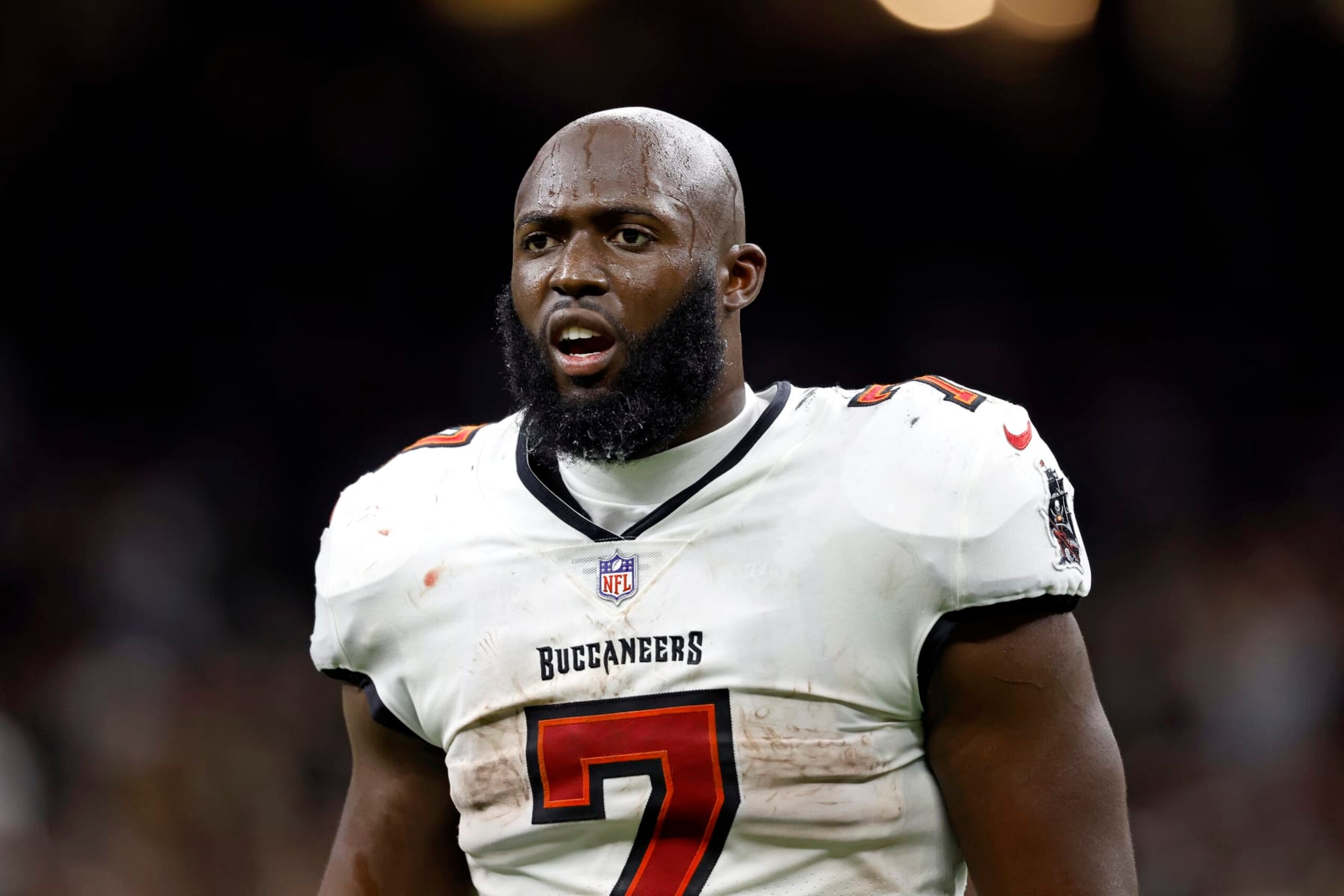 Tampa Bay Buccaneers running back Leonard Fournette (7) reacts to a call during an NFL football game against the New Orleans Saints, Sunday, Sept. 18, 2022, in New Orleans. (AP Photo/Tyler Kaufman)