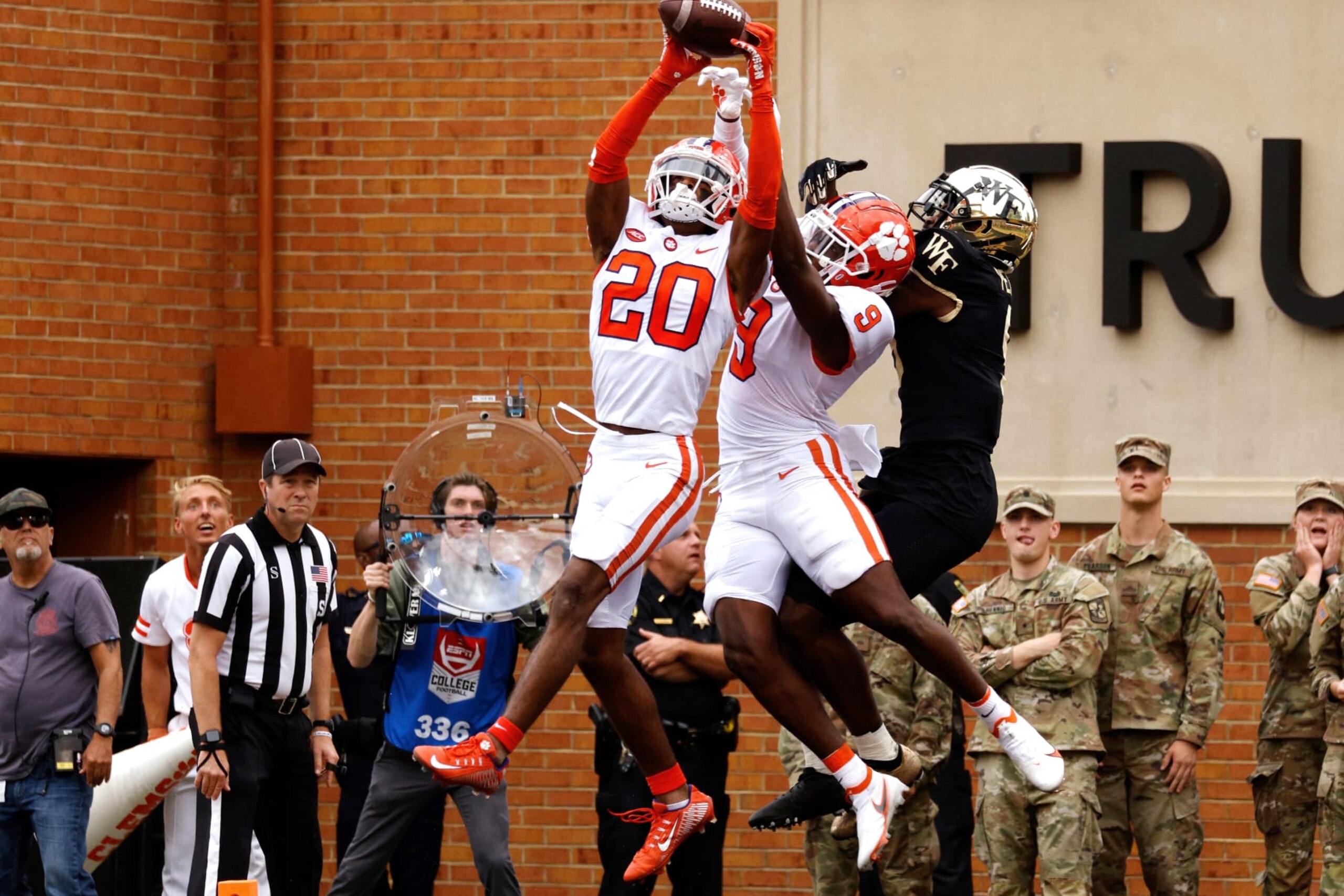 WINSTON-SALEM, NC - SEPTEMBER 24: Nate Wiggins #20 of the Clemson Tigers breaks up a pass intended for A.T. Perry #9 of the Wake Forest Demon Deacons to end the game in the second overtime at Truist Field on September 24, 2022 in Winston-Salem, North Carolina. Clemson won 51-45 in 2OT. (Photo by Lance King/Getty Images)