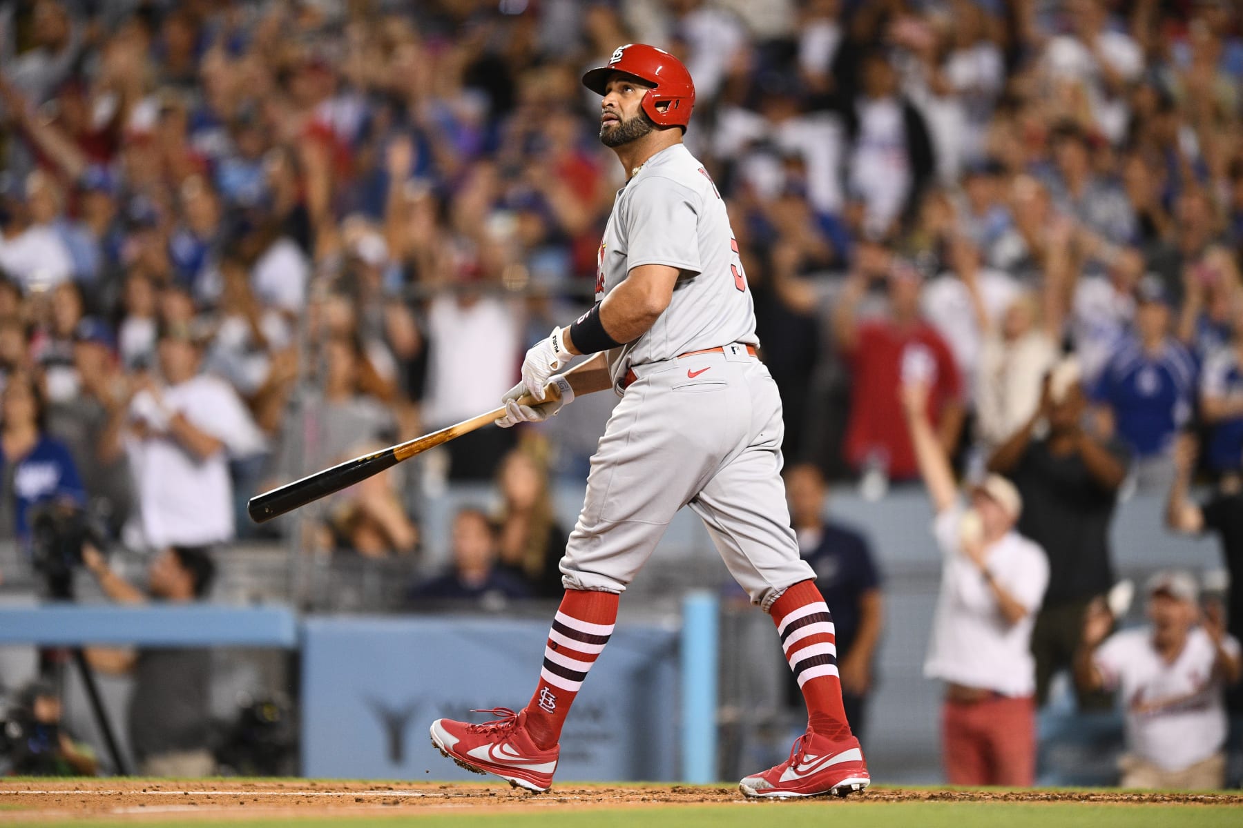 LOS ANGELES, CA - SEPTEMBER 23: St. Louis Cardinals designated hitter Albert Pujols (5) watches his career home run number 700 as a three run home run in the 4th inning of the MLB game between the St. Louis Cardinals and the Los Angeles Dodgers on September 23, 2022 at Dodger Stadium in Los Angeles, CA. (Photo by Brian Rothmuller/Icon Sportswire via Getty Images)