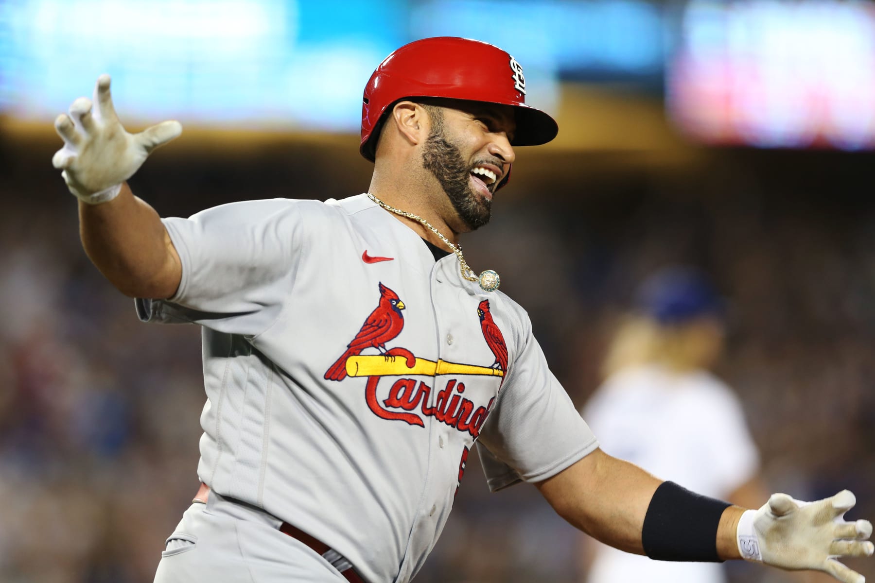 LOS ANGELES, CA - SEPTEMBER 23: Albert Pujols #5 of the St. Louis Cardinals reacts while running the bases after hitting his 700th career home run in the fourth inning during the game between the St. Louis Cardinals and the Los Angeles Dodgers at Dodgers Stadium on Friday, September 23, 2022 in Los Angeles, California. (Photo by Rob Leiter/MLB Photos via Getty Images)