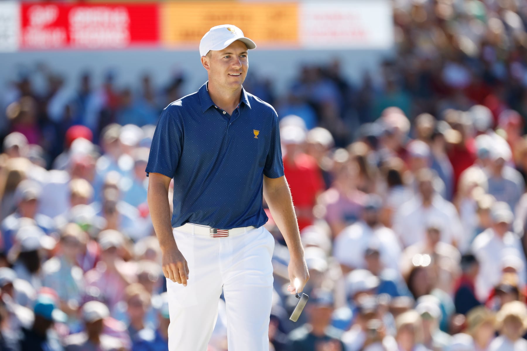 CHARLOTTE, NORTH CAROLINA - SEPTEMBER 24: Jordan Spieth of the United States Team reacts on the 15th green during Saturday morning foursomes on day three of the 2022 Presidents Cup at Quail Hollow Country Club on September 24, 2022 in Charlotte, North Carolina. (Photo by Jared C. Tilton/Getty Images)