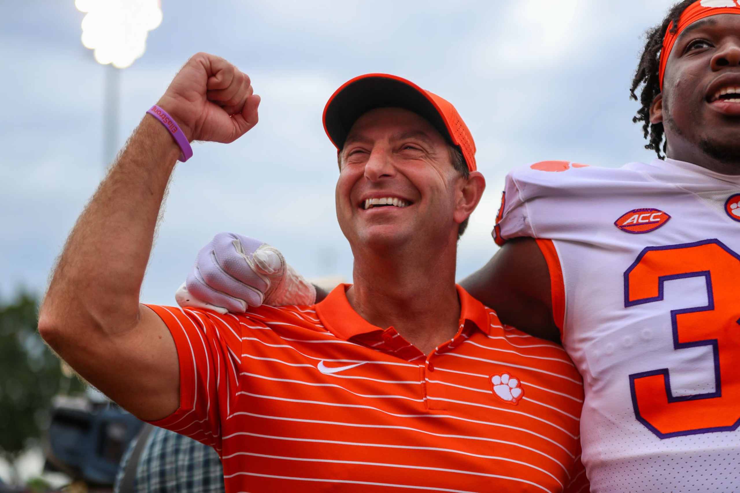 WINSTON-SALEM, NC - SEPTEMBER 24: Head Coach Dabo Swinney of the Clemson Tigers celebrates with his team after winning a football game between the Wake Forest Demon Deacons and the Clemson Tigers on September 24, 2022, at Truist Field in Winston-Salem, NC. (Photo by David Jensen/Icon Sportswire via Getty Images)