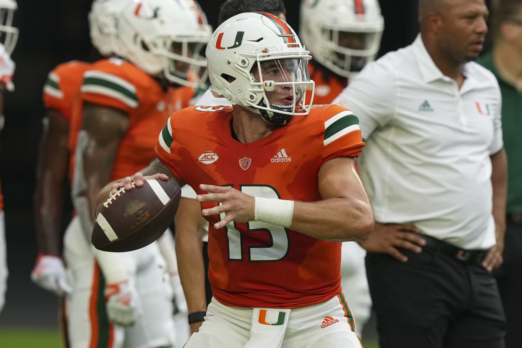MIAMI GARDENS, FLORIDA - SEPTEMBER 24: Jake Garcia #13 of the Miami Hurricanes warms up before the game against the Middle Tennessee Blue Raiders at Hard Rock Stadium on September 24, 2022 in Miami Gardens, Florida. (Photo by Eric Espada/Getty Images)