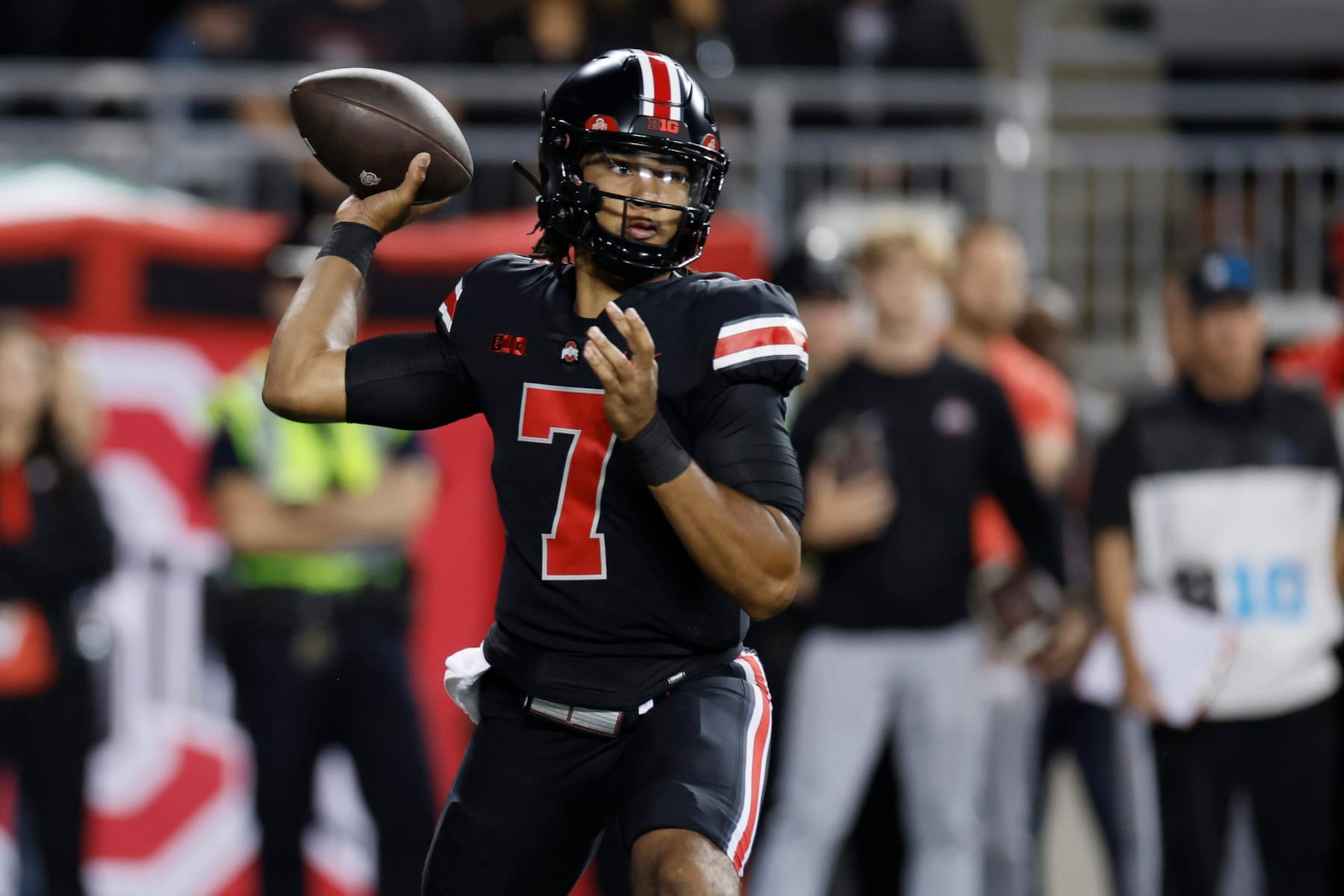 Ohio State quarterback C.J. Stroud looks to throw a pass against Wisconsin during the first half of an NCAA college football game Saturday, Sept. 24, 2022, in Columbus, Ohio. (AP Photo/Jay LaPrete)