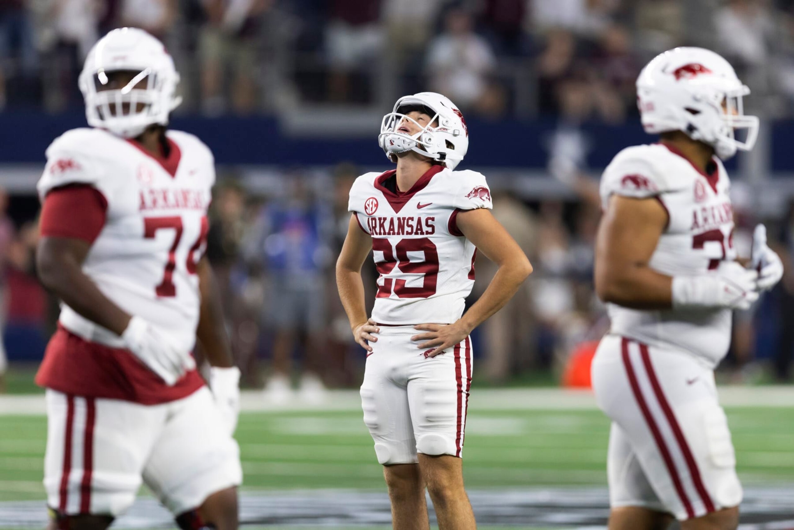 Arkansas place-kicker Cam Little (29) reacts after missing a field goal during the closing minutes of the team's NCAA college football game against Texas A&M on Saturday, Sept. 24, 2022, in Arlington, Texas. Texas A&M won 23-21. (AP Photo/Brandon Wade)
