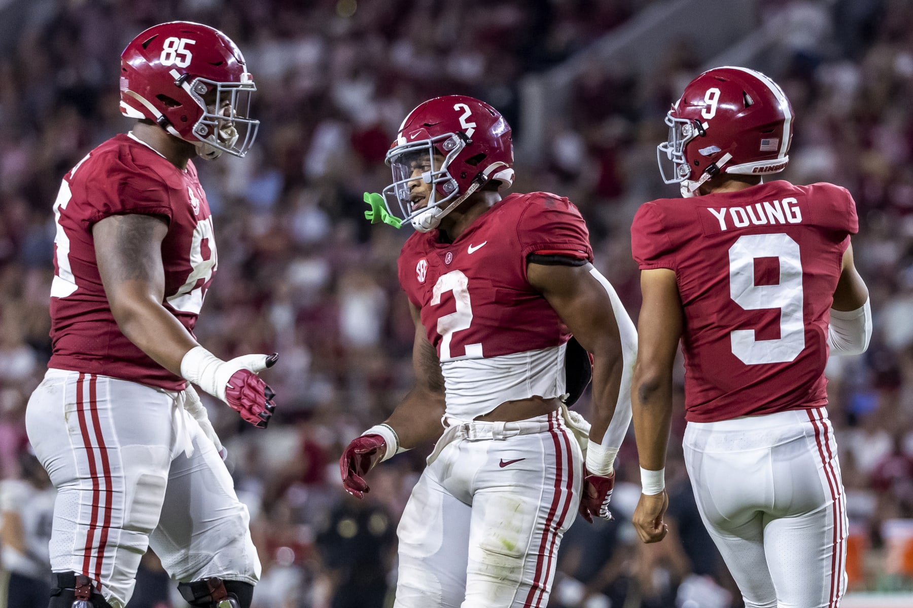 Alabama tight end Elijah Brown (85) and quarterback Bryce Young (9) greet running back Jase McClellan (2) after his touchdown against Vanderbilt during the second half of an NCAA college football game Saturday, Sept. 24, 2022, in Tuscaloosa, Ala. (AP Photo/Vasha Hunt)