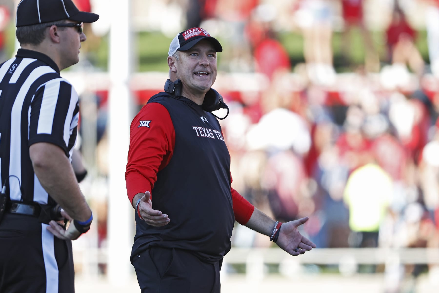 Texas Tech coach Joey McGuire reacts to a play call during the second half of an NCAA college football game against Texas, Saturday, Sept. 24, 2022, in Lubbock, Texas. (AP Photo/Brad Tollefson)